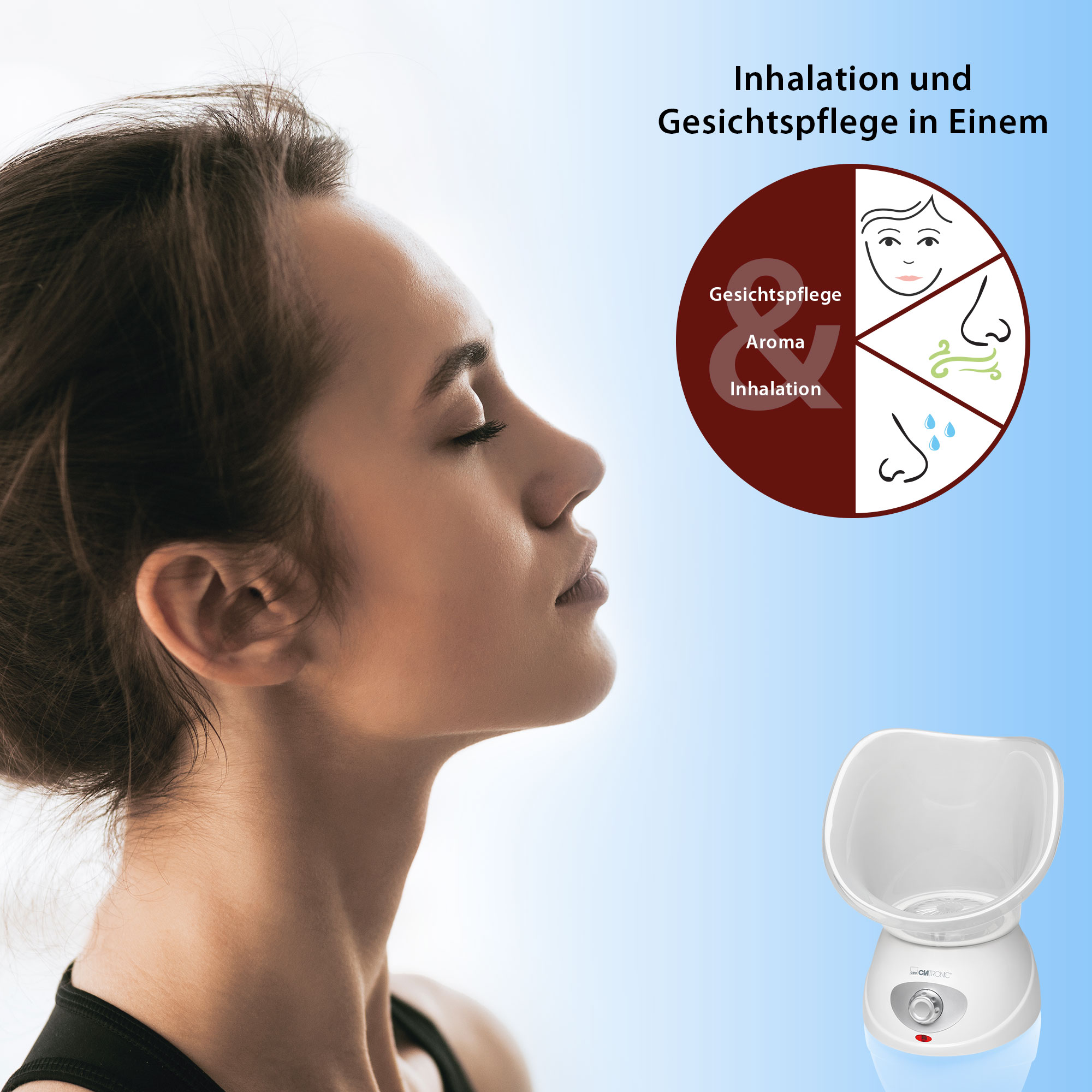 Eine Frau mit geschlossenen Augen und ein Gesichtsdampfer mit Text über Gesichtspflege, Aroma und Inhalation.