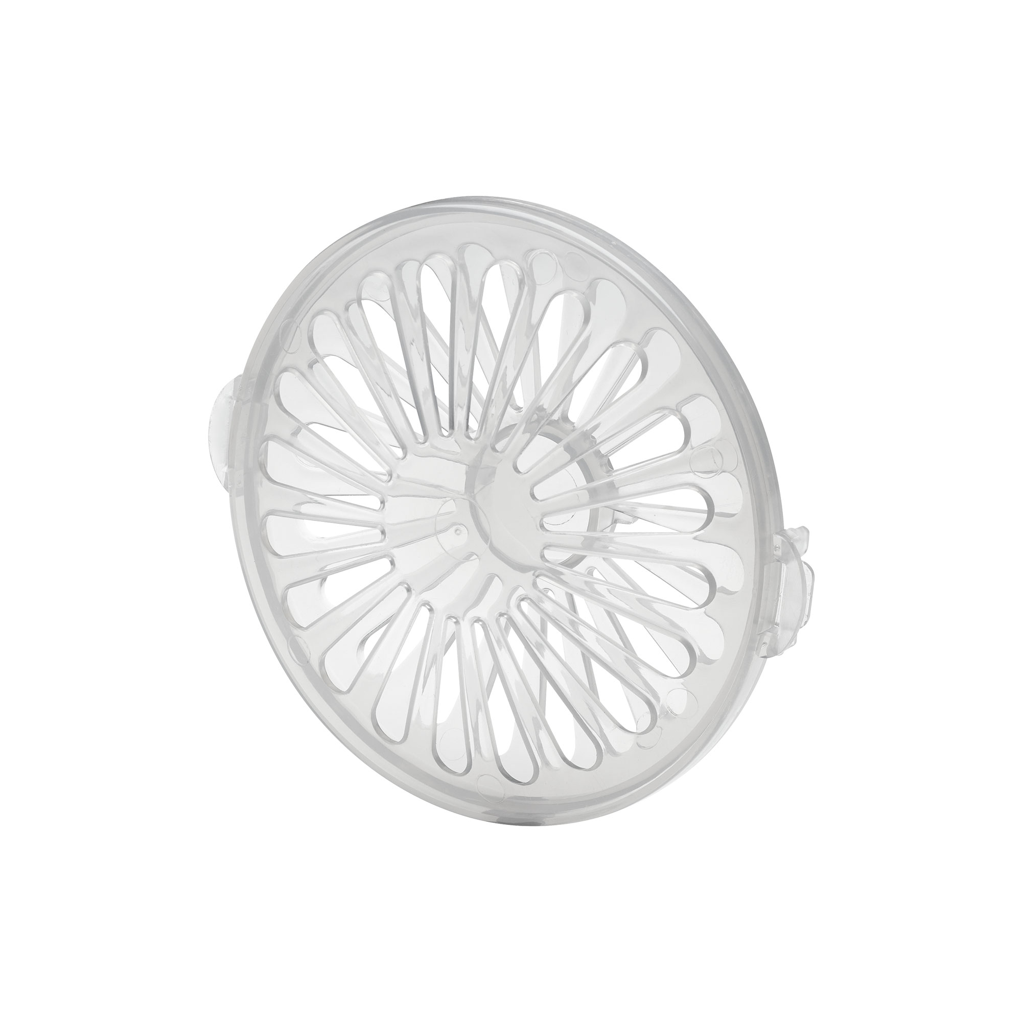 Ein transparenter runder Kunststoffdeckel mit radialen Linien und zwei Laschen.