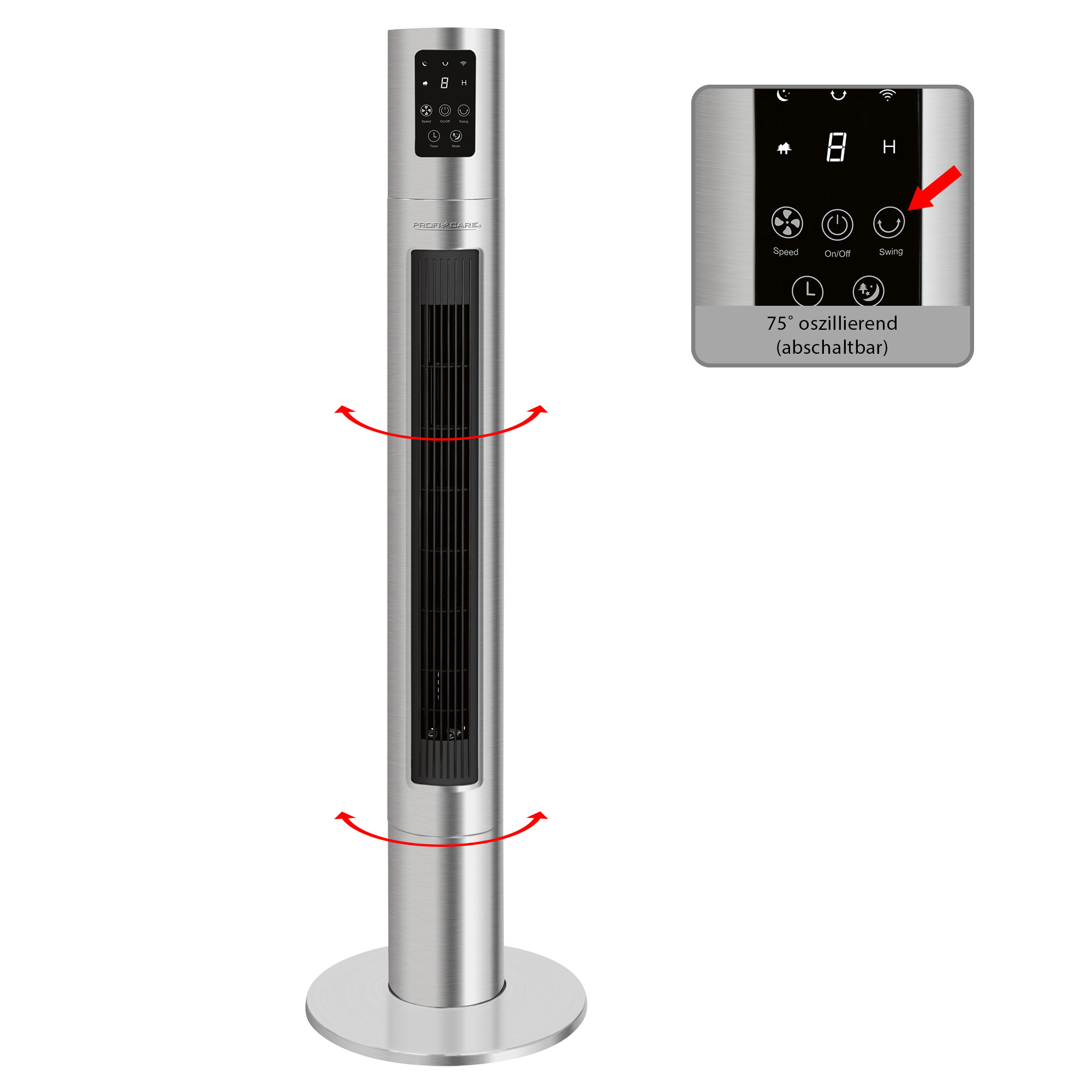 Silberner Turmventilator mit Bedienfeld, Pfeile zeigen die Oszillation an. Das Bedienfeld zeigt Geschwindigkeit, Ein/Aus usw.