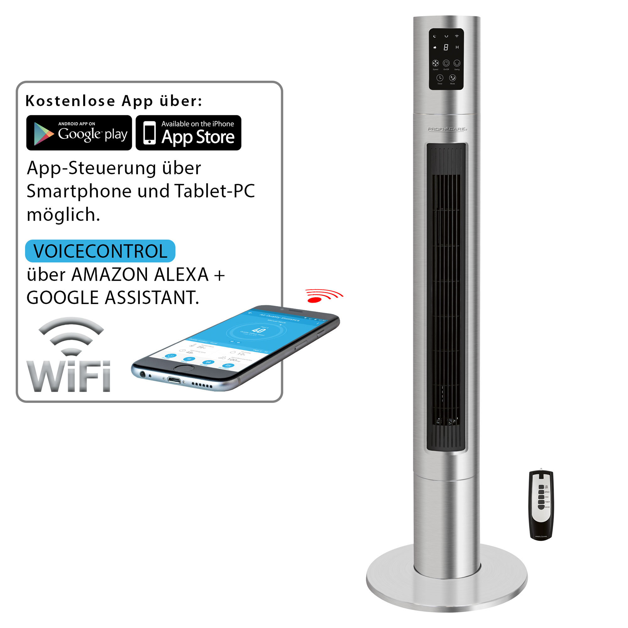 Hoher silberner Ventilator mit Digitalanzeige und Fernbedienung. Smartphone zeigt App-Oberfläche. Text bewirbt Sprachsteuerung.