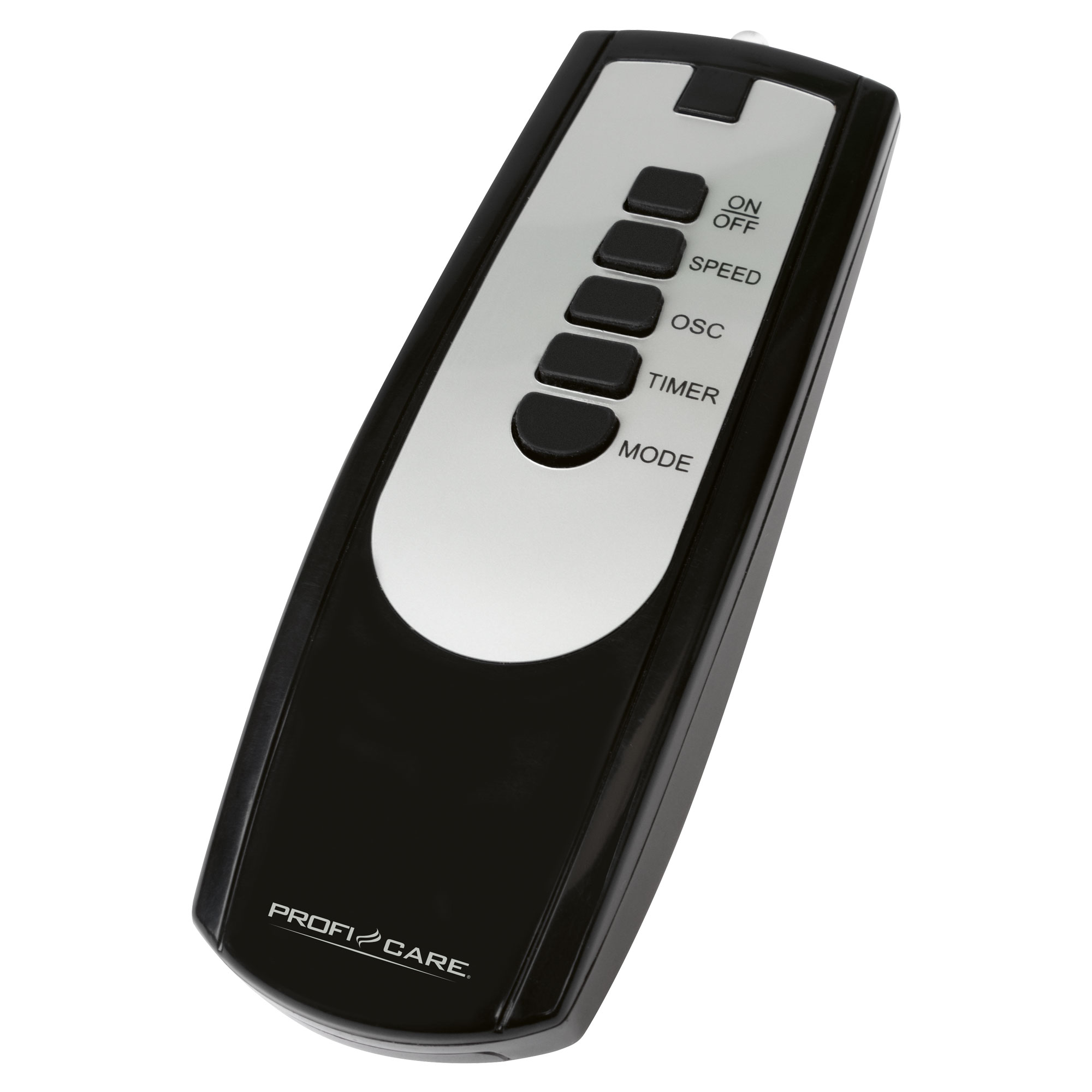 Eine schwarze Fernbedienung mit silbernen Knöpfen. Knöpfe beschriftet: ON/OFF, SPEED, OSC, TIMER, MODE. Die Marke ist PROFI CARE.