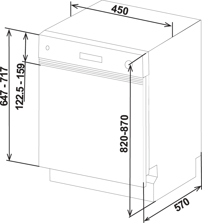 Diagramm eines Geschirrspülers mit Abmessungen in Millimetern.