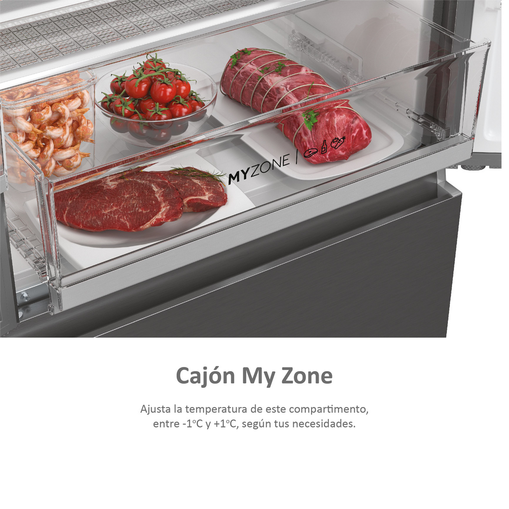 Cajón del refrigerador con artículos dentro. Se ven camarones, tomates y carne.