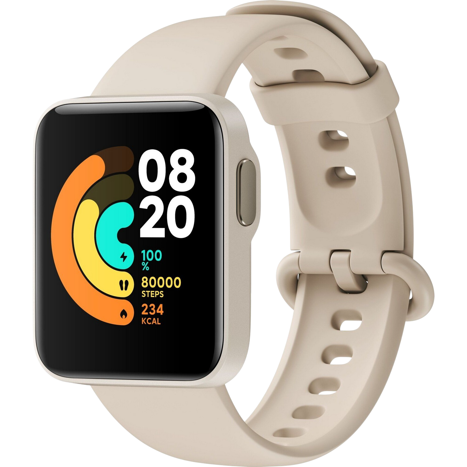 Reloj inteligente beige con pantalla cuadrada que muestra estadísticas y hora, correa beige adjunta.