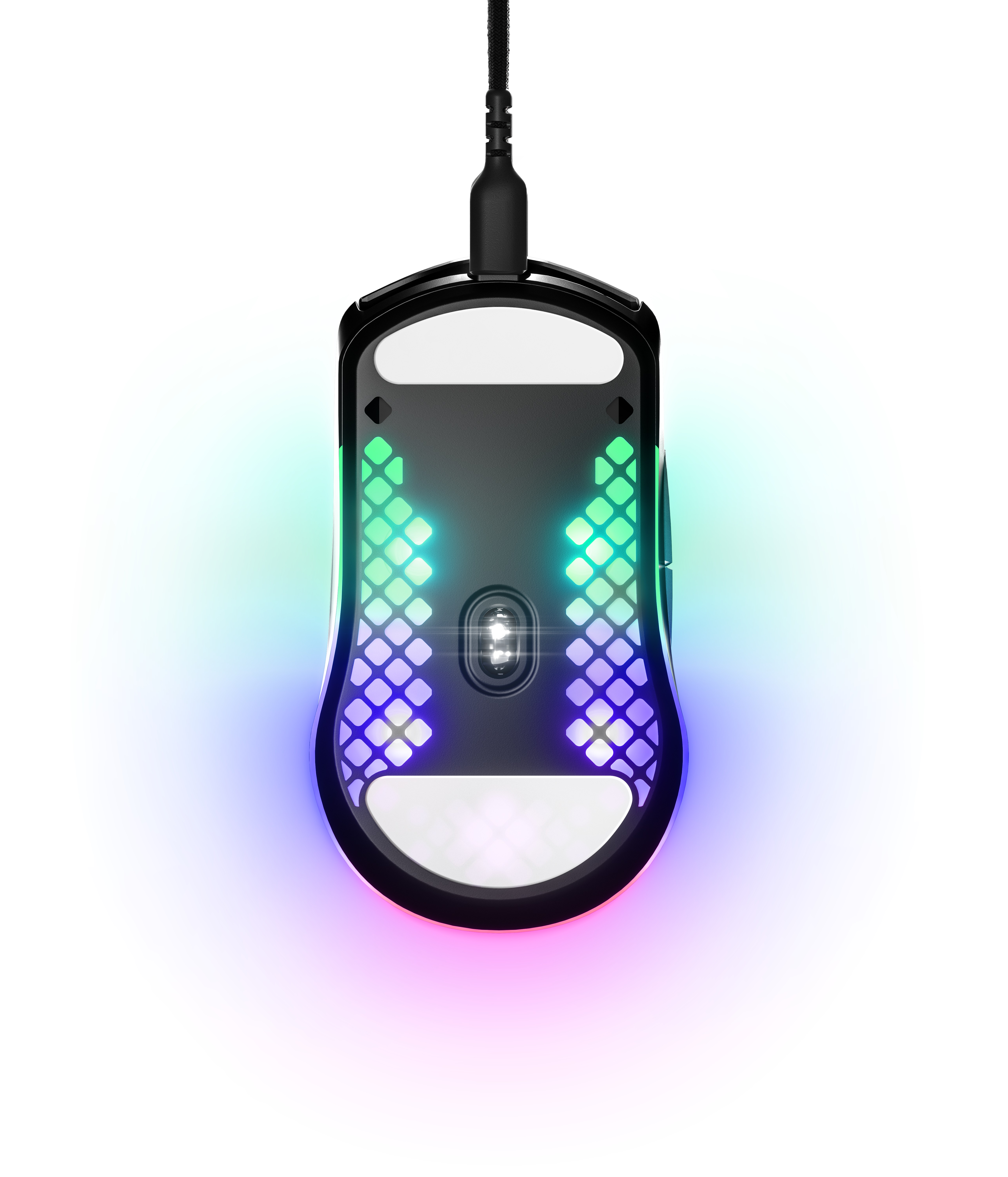 Bottom view of a gaming mouse with a black body and RGB lighting.