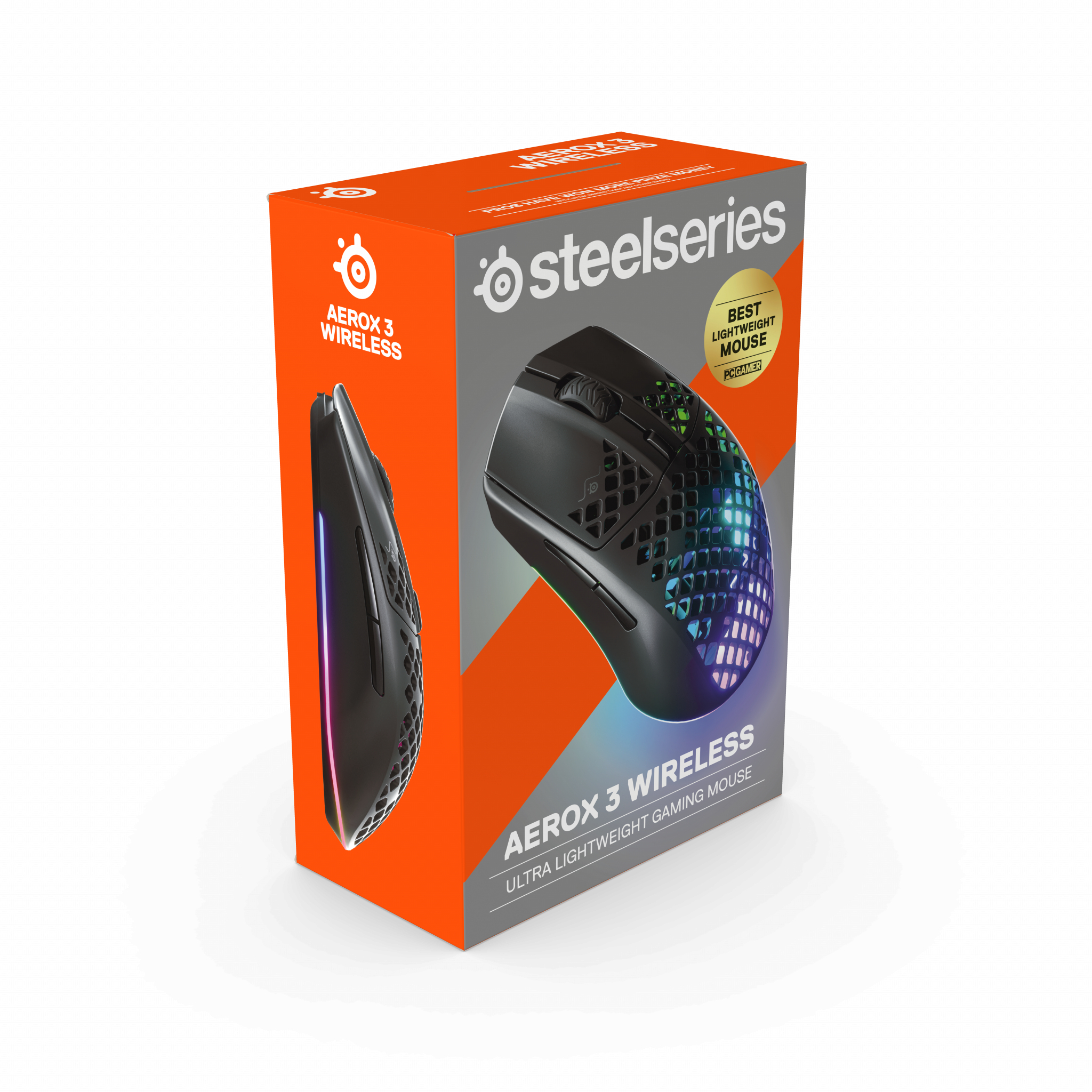 Gamingmuisdoos met een zwarte muisafbeelding. Oranje en zwarte doos. Tekst: AER0X 3 WIRELESS.