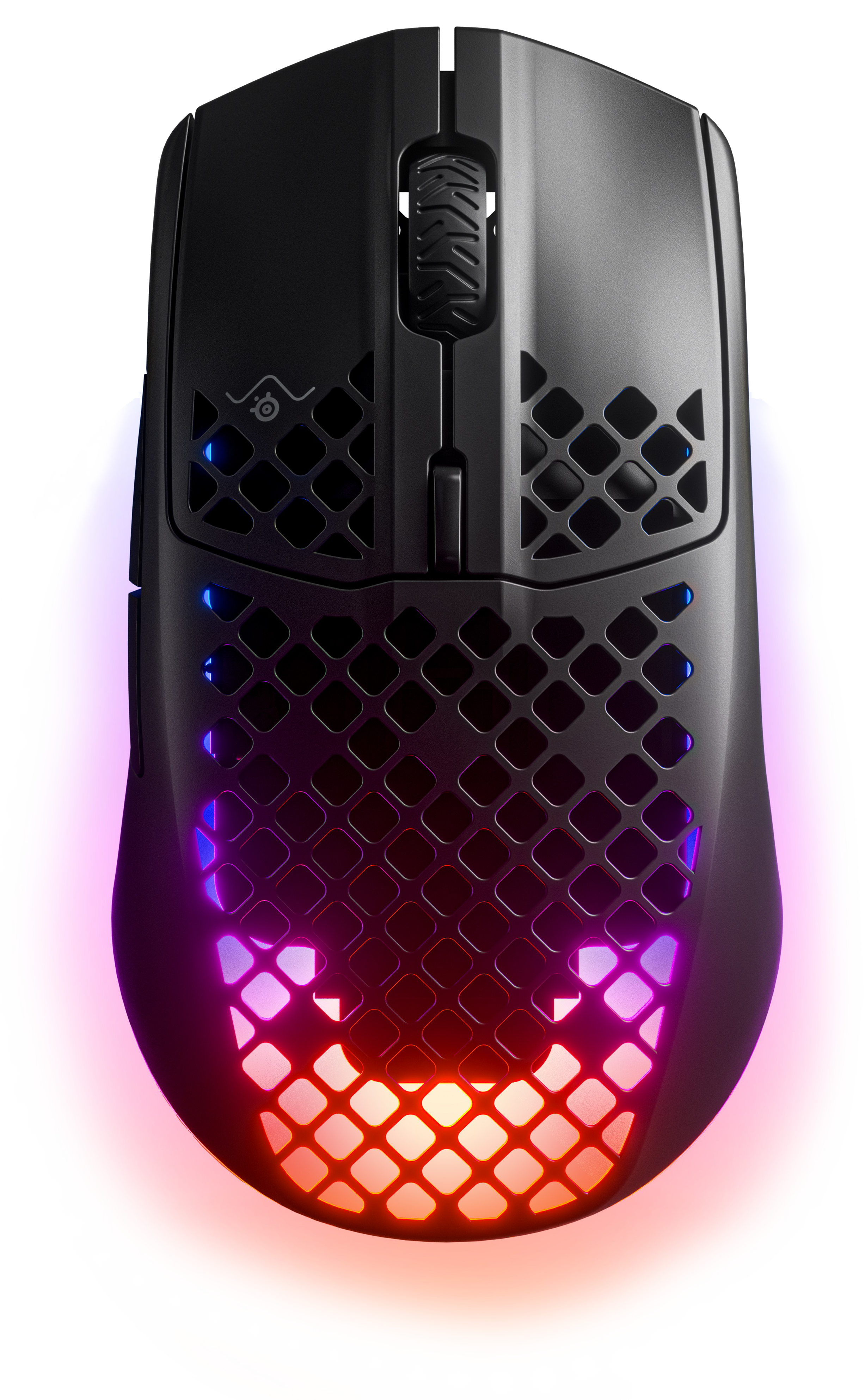 Een zwarte gamingmuis met een honingraatontwerp en RGB-verlichting aan de onderkant.