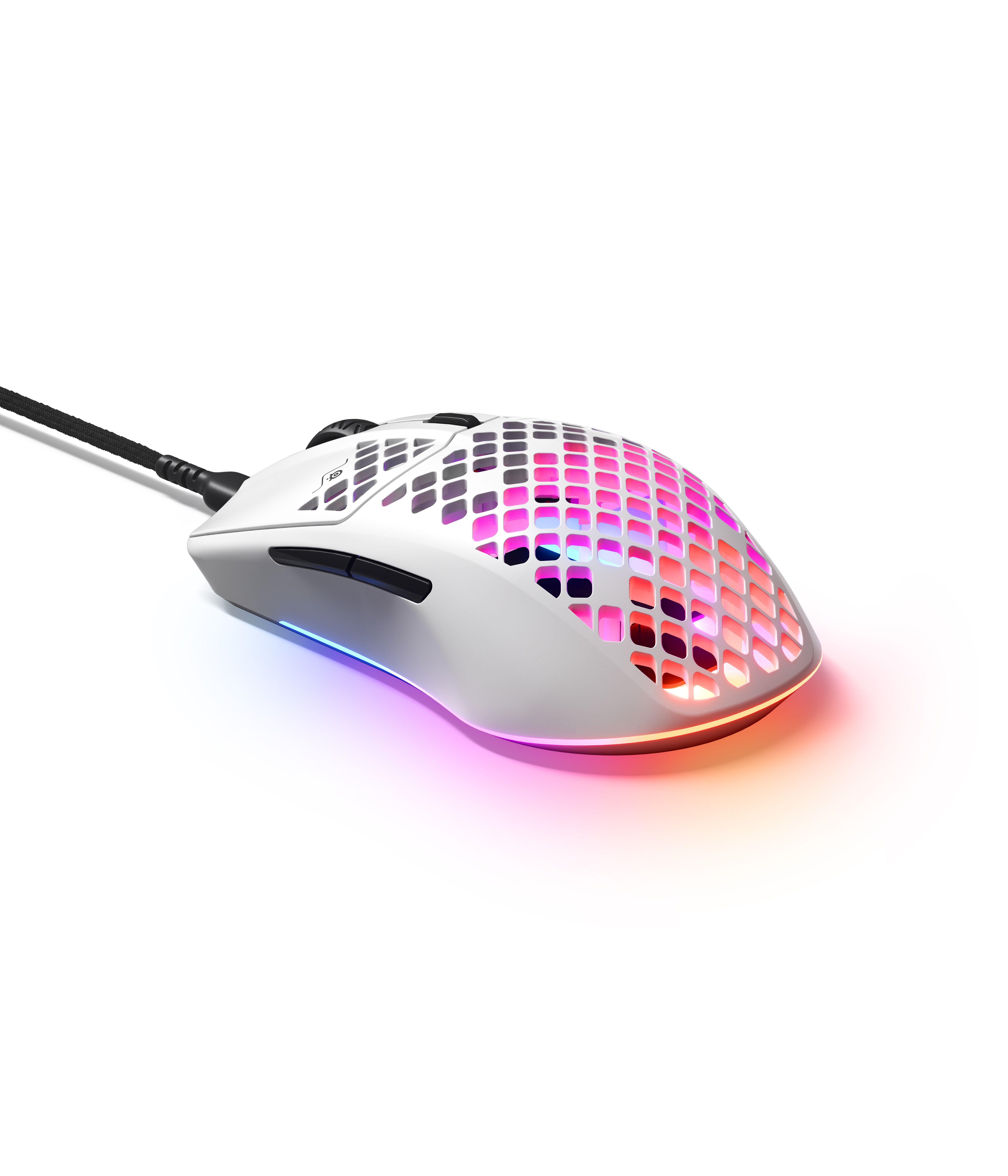 White gaming mouse with a honeycomb design, illuminated with rainbow colors, on white.