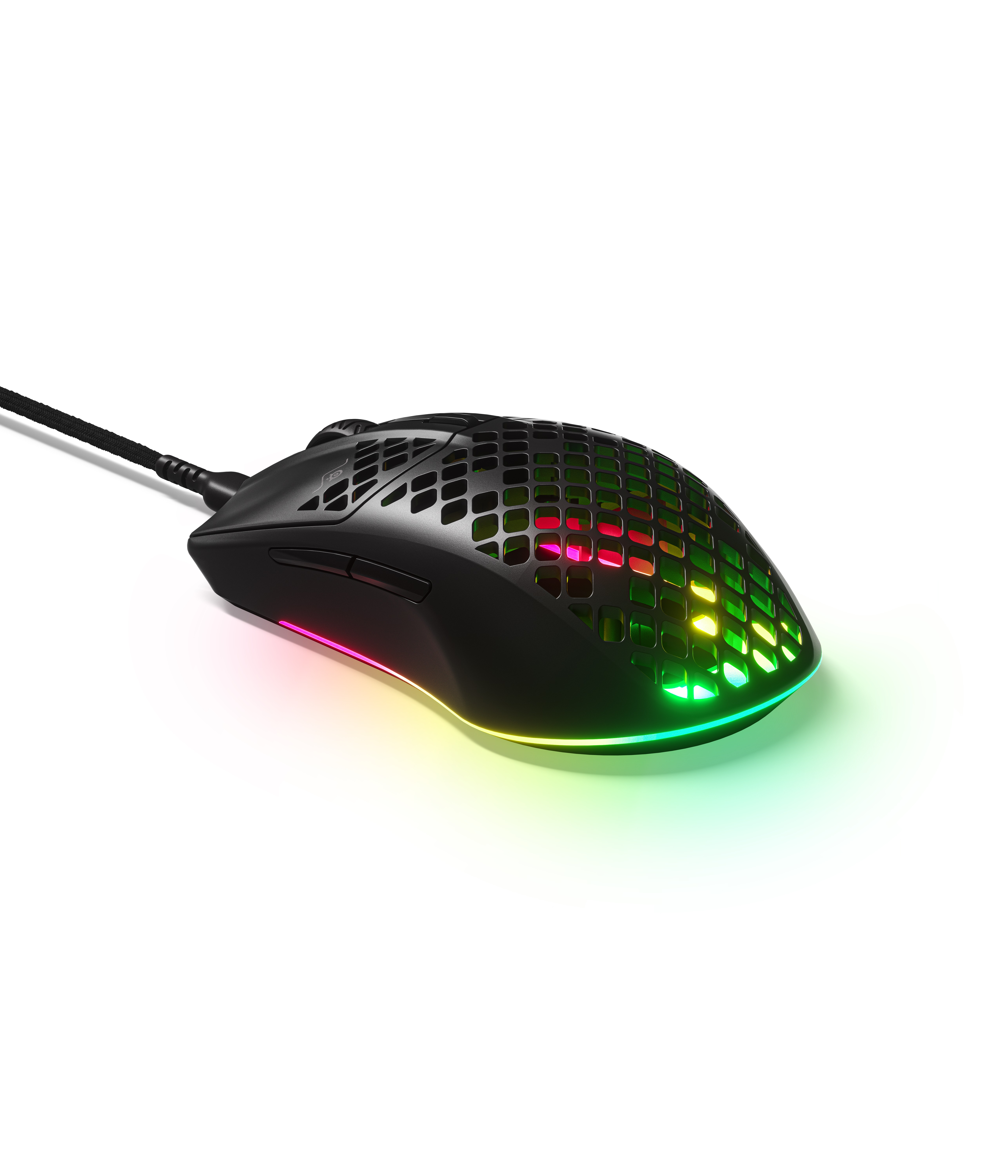 Black gaming mouse with honeycomb design. LED lights along the edges. White background.
