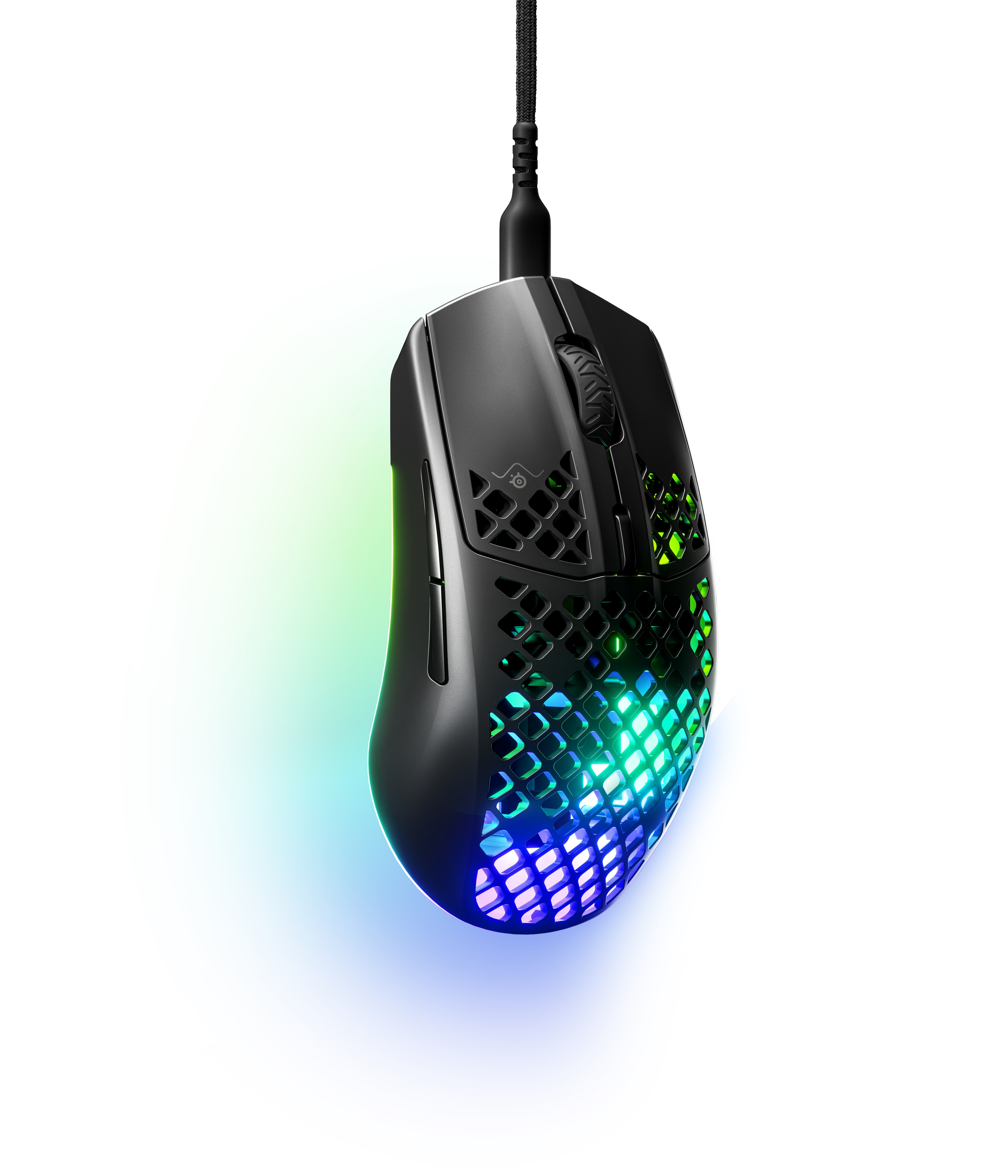 Black gaming mouse. RGB lighting. Top view, with the mouse suspended against white.