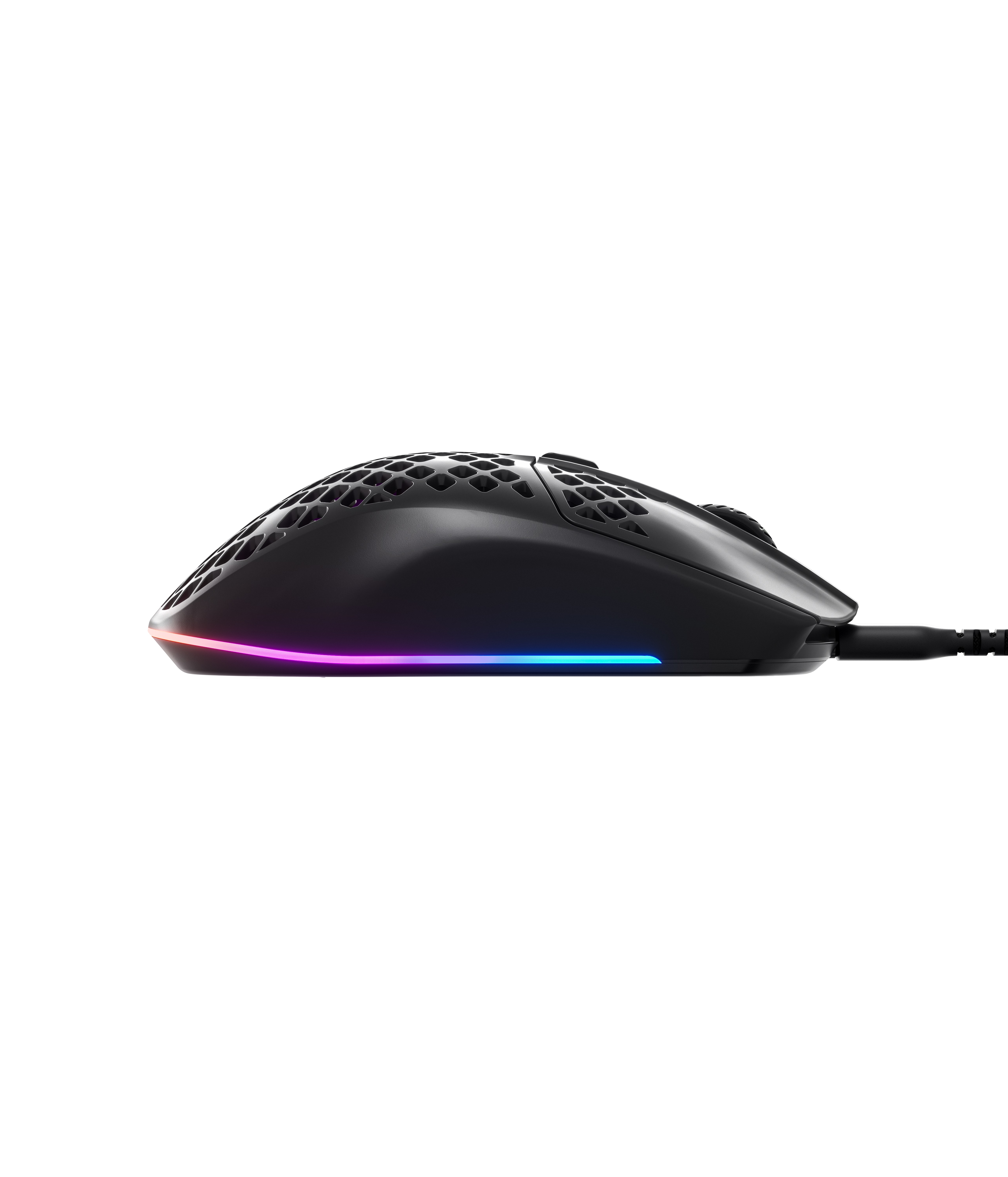 A black gaming mouse with a honeycomb design and a colorful light strip.