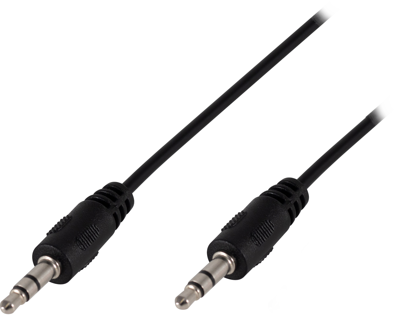 Fekete audiokábel két 3,5 mm-es jack csatlakozóval fehér háttéren.