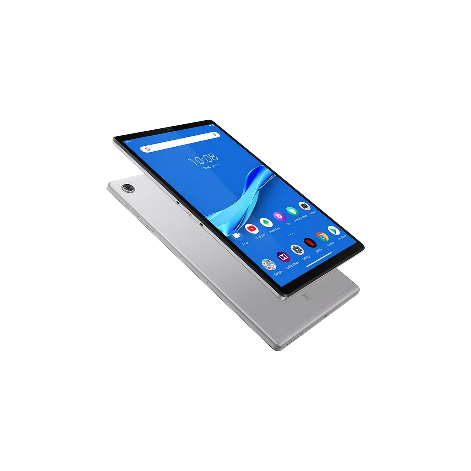 Dos tabletas plateadas sobre un fondo negro. Una tableta encima, mostrando la hora e iconos de aplicaciones.