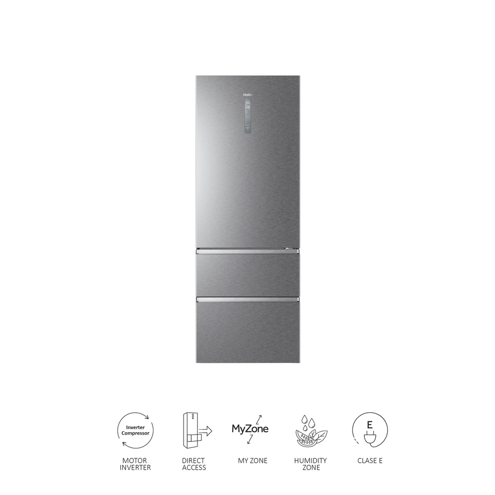 Refrigerador de acero inoxidable. Cuenta con tres cajones y algunos iconos en la parte inferior.
