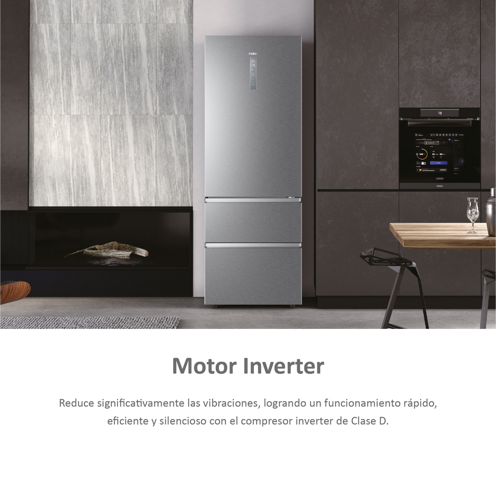 Nevera Haier plateada en una cocina moderna. Texto abajo: Motor Inverter. Texto describe la función del motor.
