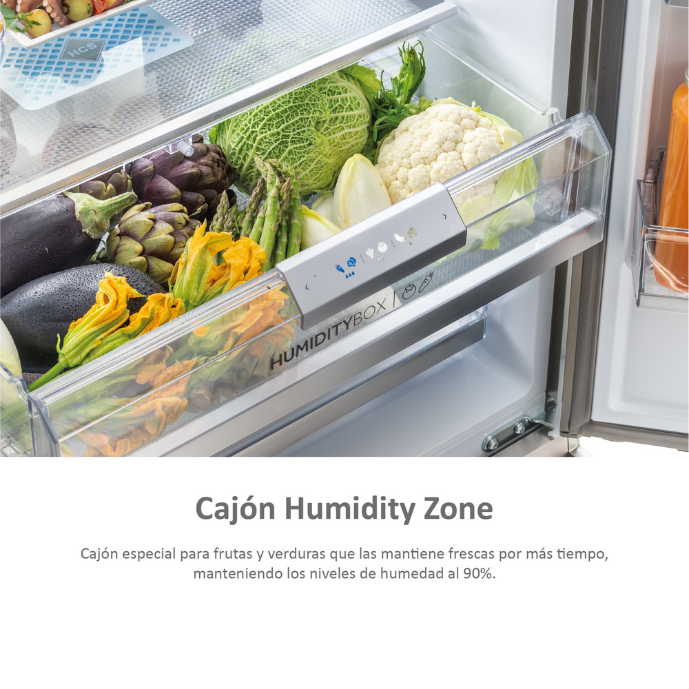 Cajón de frigorífico con verduras. Características: Zona de Humedad. Contiene alcachofas, repollo y más.