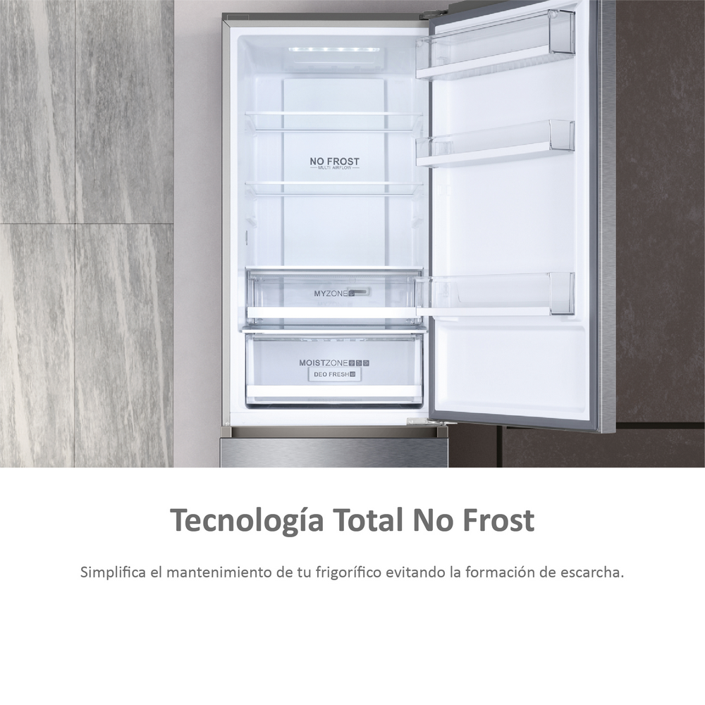 Un frigorífico con la puerta abierta, mostrando el interior y texto sobre Total No Frost.