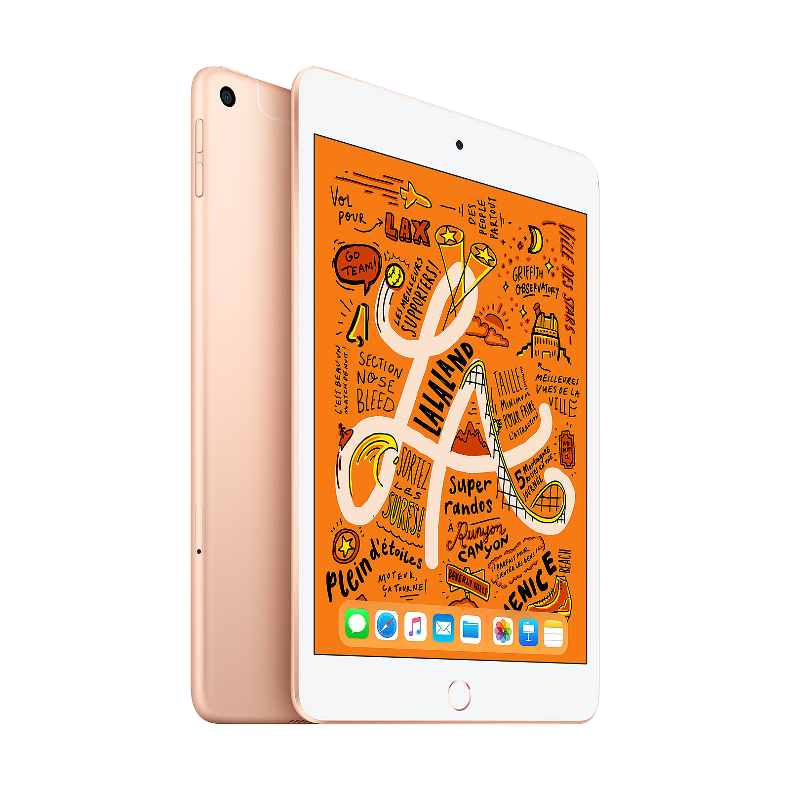 iPad mini rosa con un dibujo de una ciudad y texto, sobre fondo blanco.