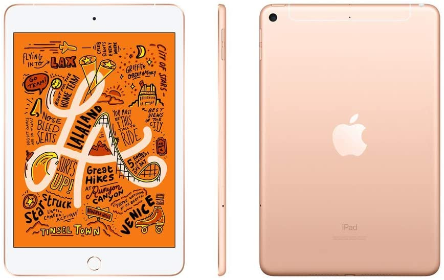 Tableta con pantalla que muestra un dibujo y la parte trasera con el logotipo de Apple. Color dorado.