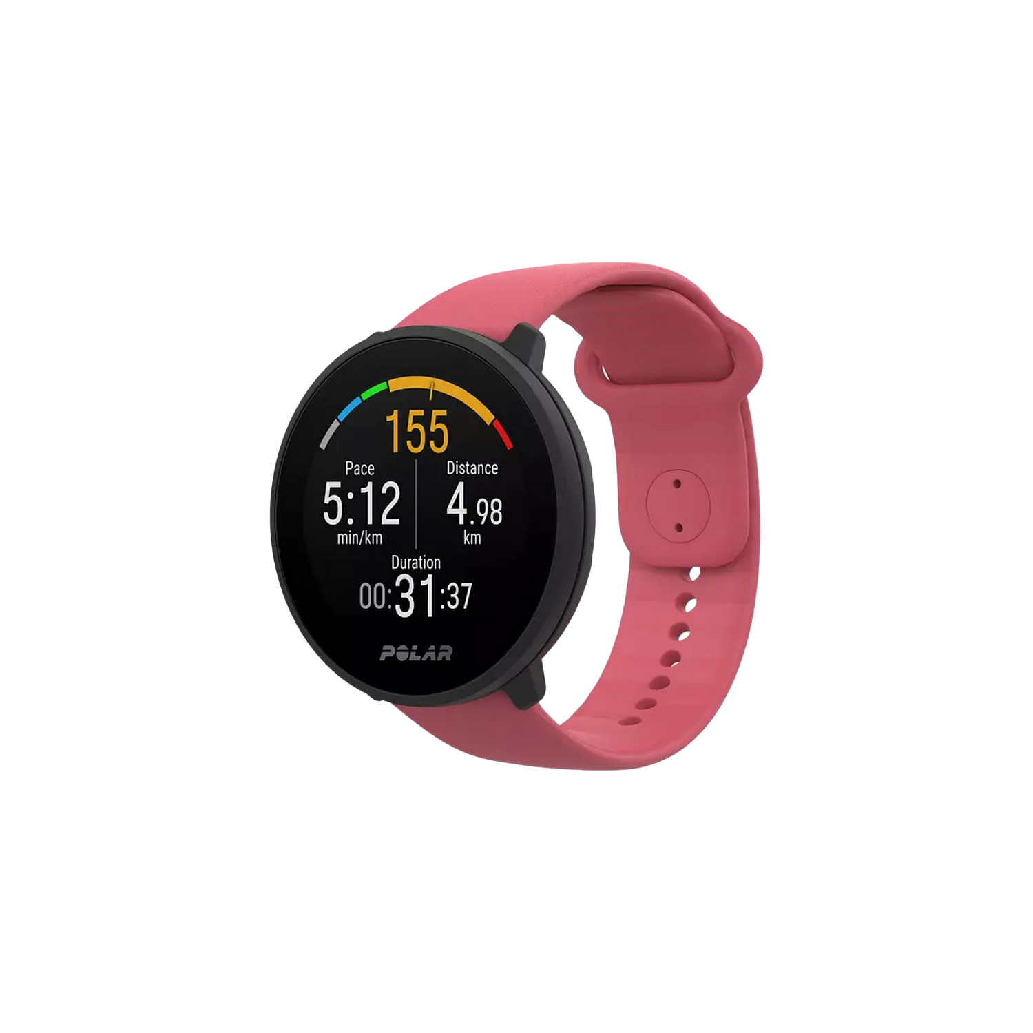 Reloj inteligente con correa rosa, mostrando ritmo y distancia.