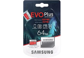 MicroSD Samsung EVO Plus 64 GB, 100MB/s lectura, 20 escritura, Clase 10, Rojo