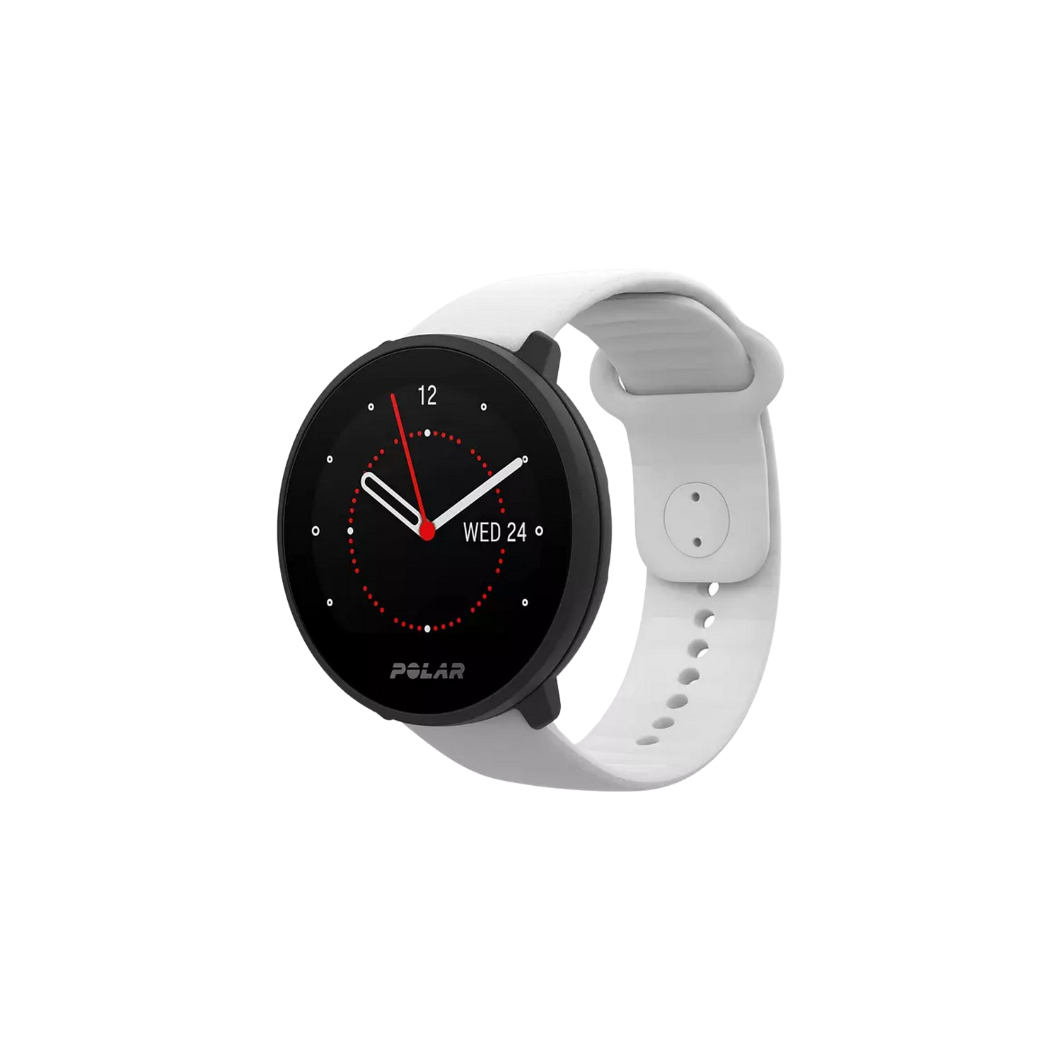 Smartwatch Polar con correa blanca. La esfera del reloj muestra la fecha y hora.