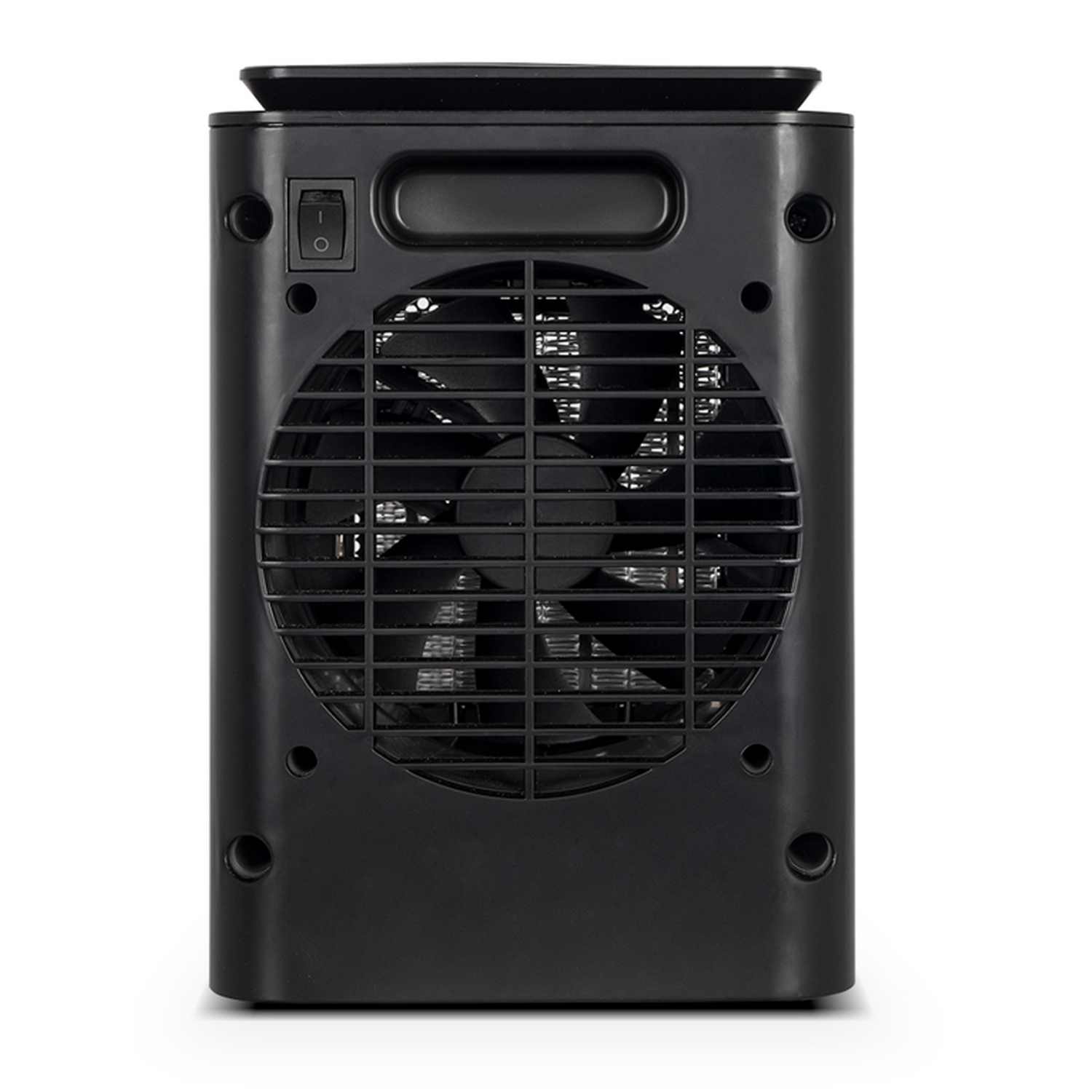 Calentador eléctrico negro con ventilador. El interruptor de encendido/apagado es visible.