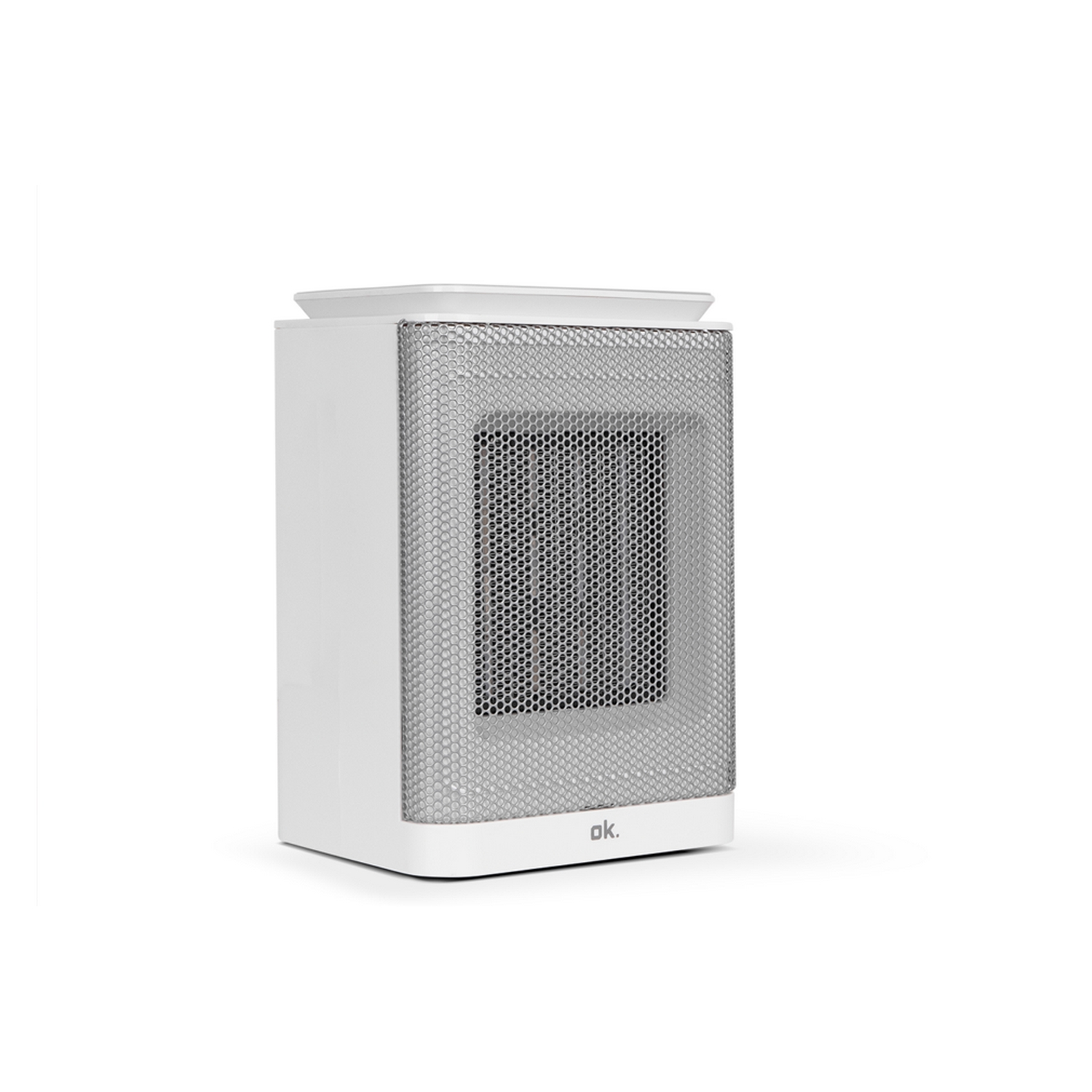 Calentador blanco y rectangular. Tiene una cara de malla plateada y un panel de control en la parte superior.
