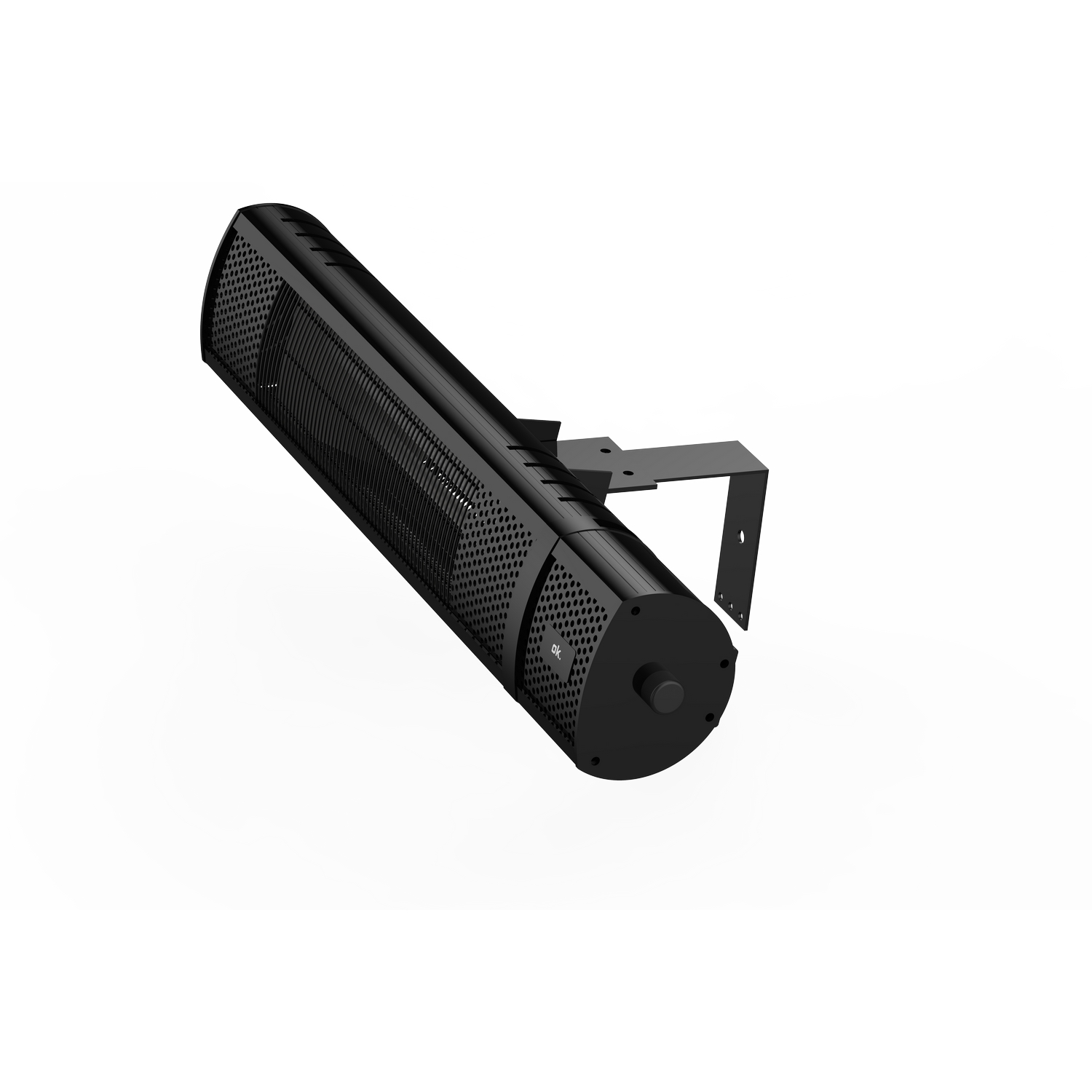 Altavoz negro con soporte, aislado sobre fondo blanco.