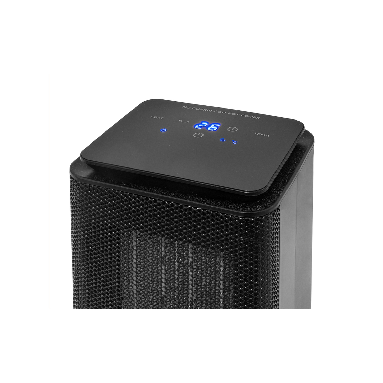 Calentador eléctrico negro con frontal de malla y panel de control.