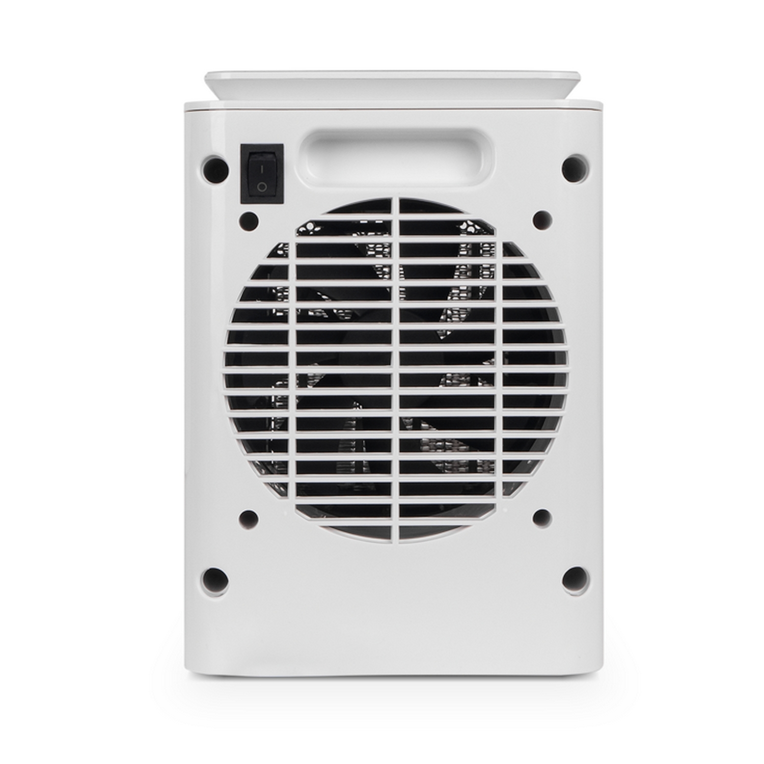 Un calentador eléctrico blanco con una rejilla circular y un interruptor de encendido/apagado en la parte superior.