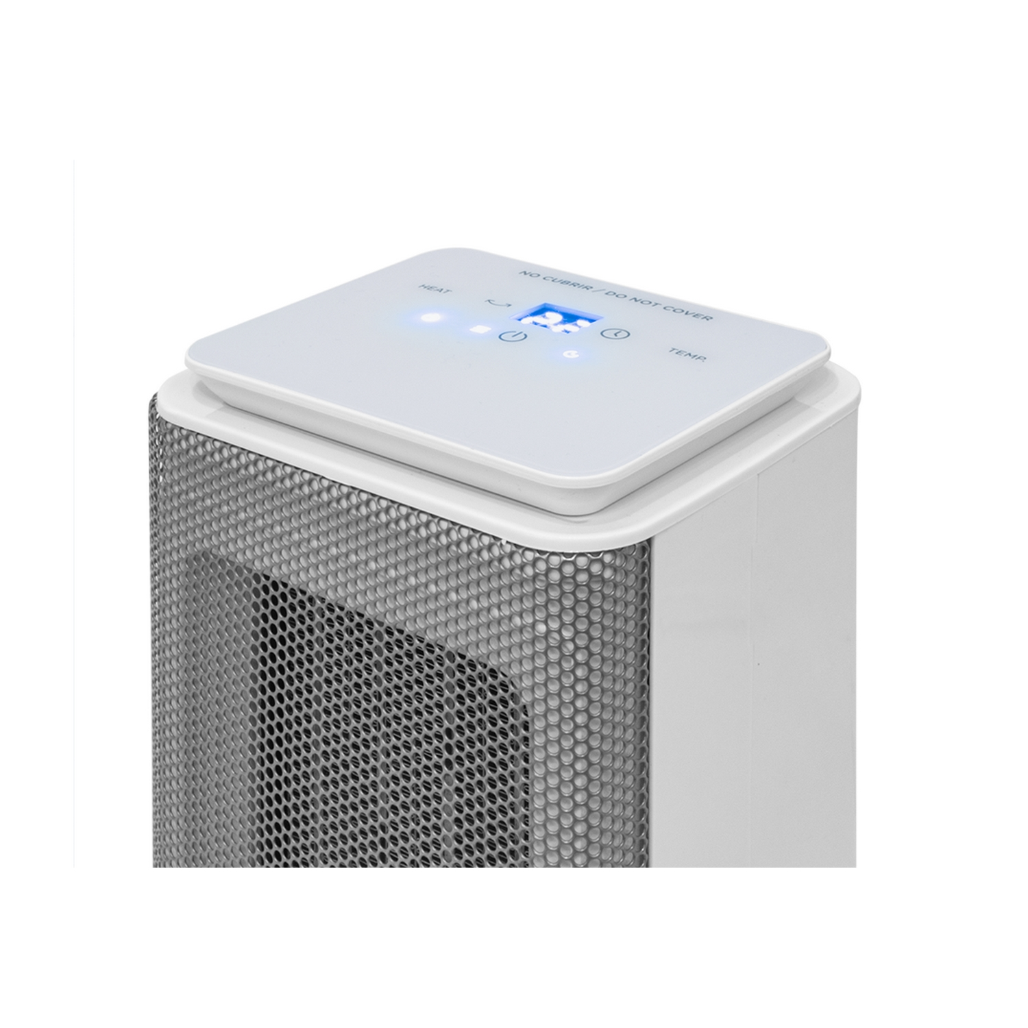 Purificador de aire blanco con panel de control. Fondo blanco. Vista superior.