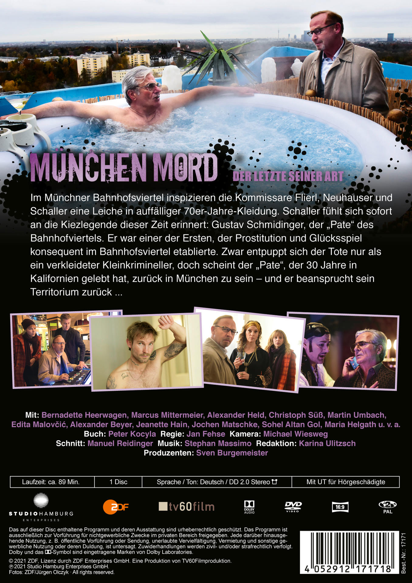 DVD-Cover mit Männern in einem Whirlpool und einem anderen Mann. Text: München Mord. Rückseite hat andere Bilder und Text.