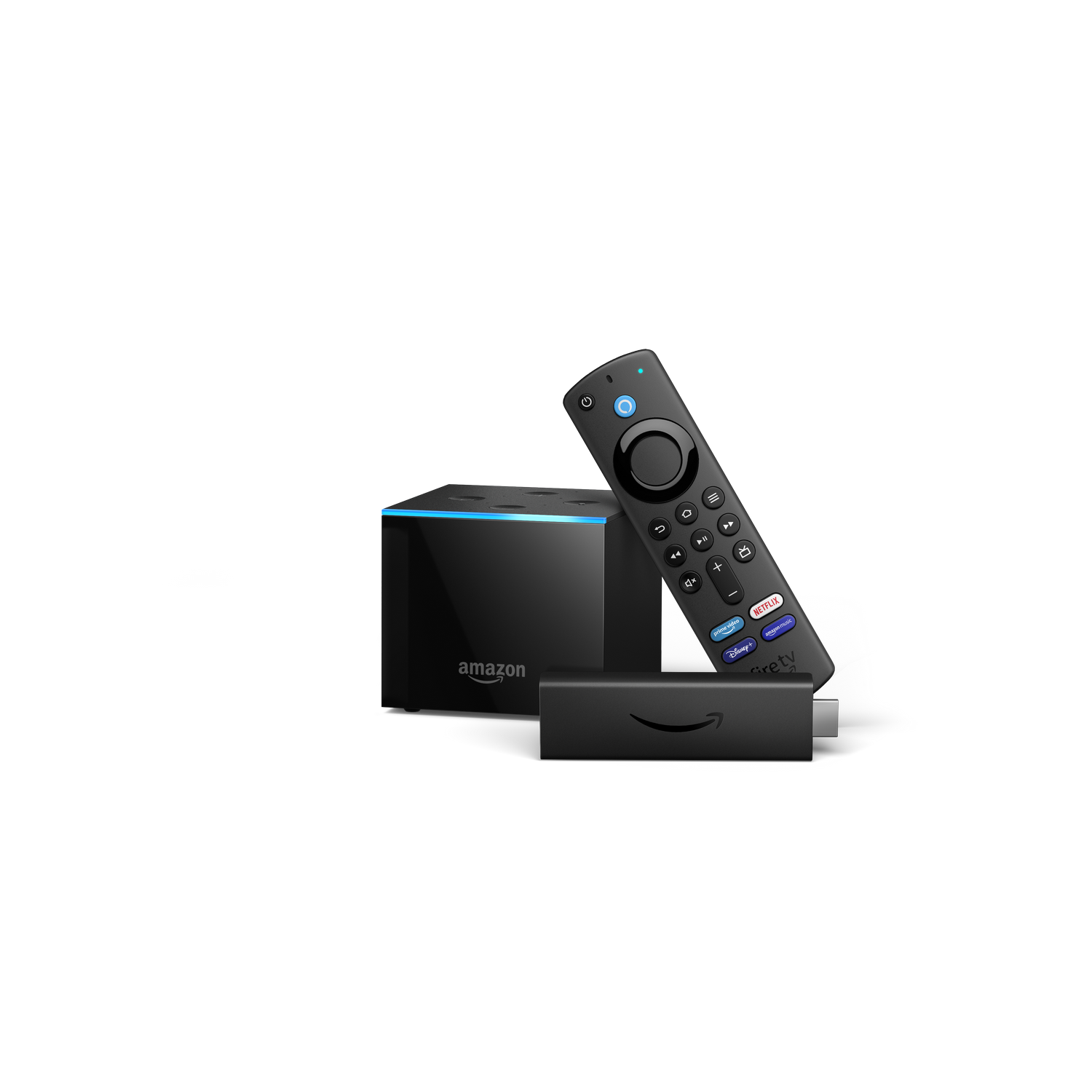 Dispositivos Amazon Fire TV: un cubo, un stick y un mando a distancia sobre un fondo negro.