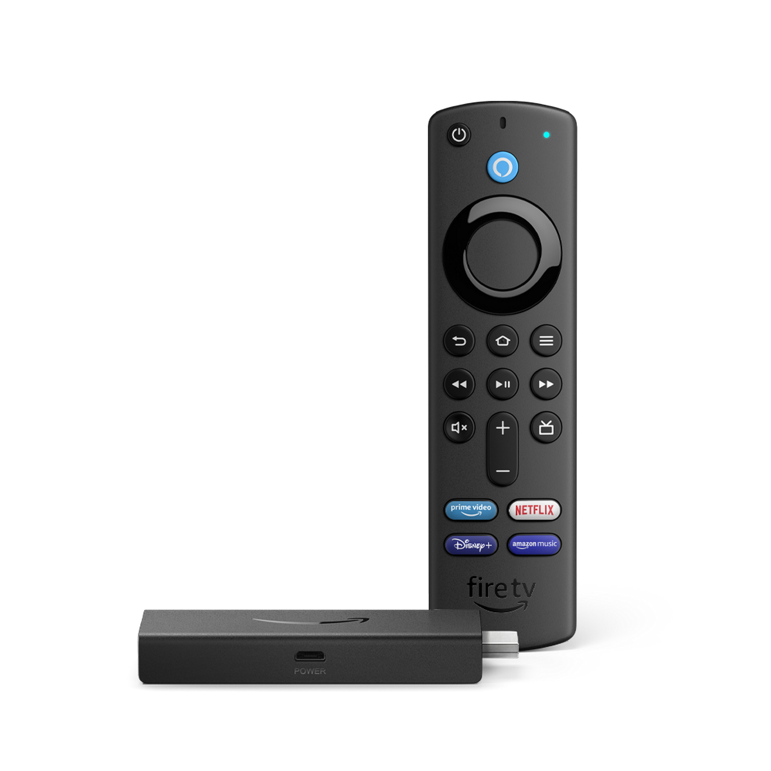 Dispositivo Fire TV negro y mando a distancia con botones y logos de streaming.