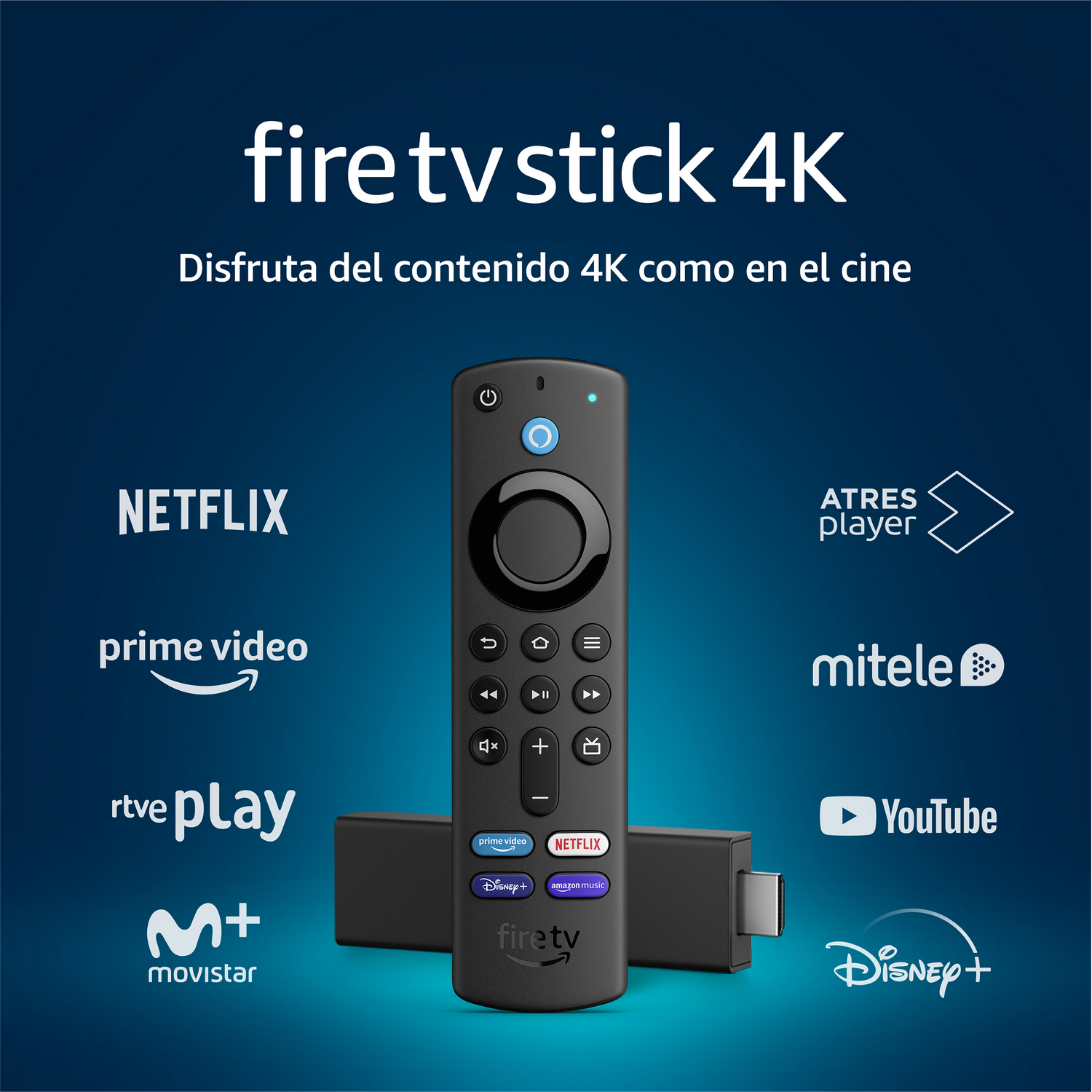 Mando y stick Fire TV Stick 4K, con iconos de aplicaciones como Netflix, Prime, Disney+ y otras.