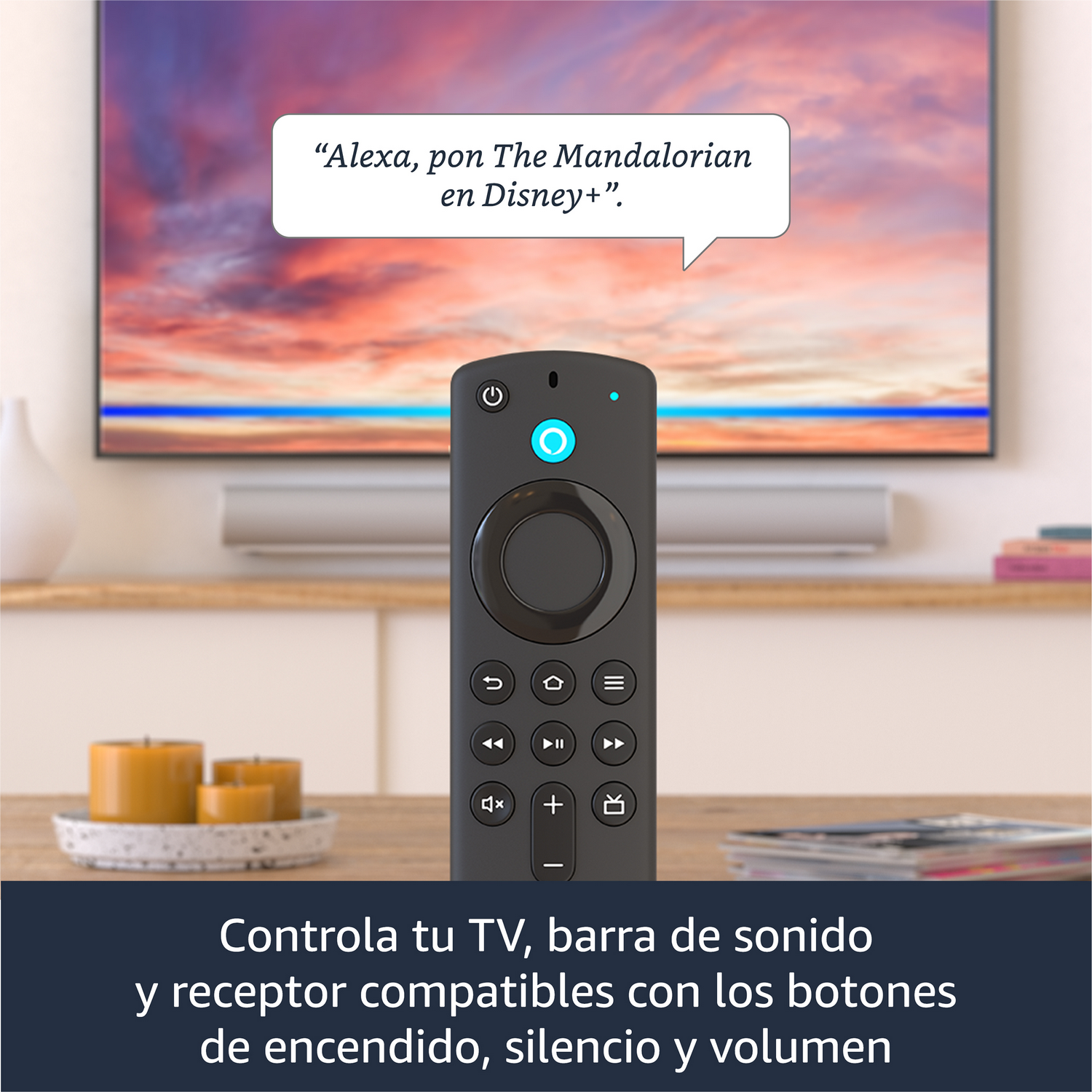 Mando a distancia de TV negro con varios botones. Un televisor y una mesa de madera al fondo.