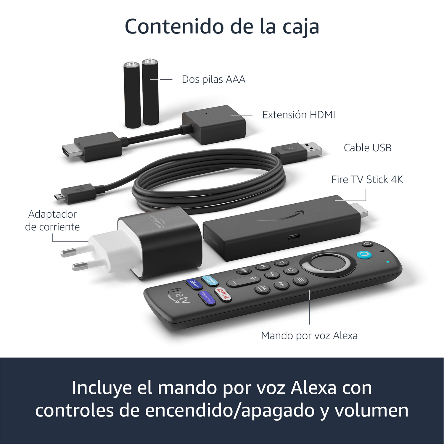 Fondo blanco con Fire TV Stick 4K, mando, adaptador, cable y pilas AAA. Etiquetas de texto en español.