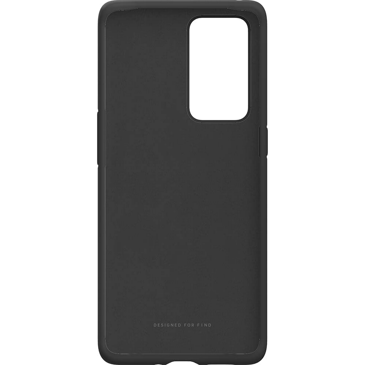 Una funda de teléfono negra con un recorte rectangular para la cámara. El texto 'DESIGNED FOR FIND' es visible.