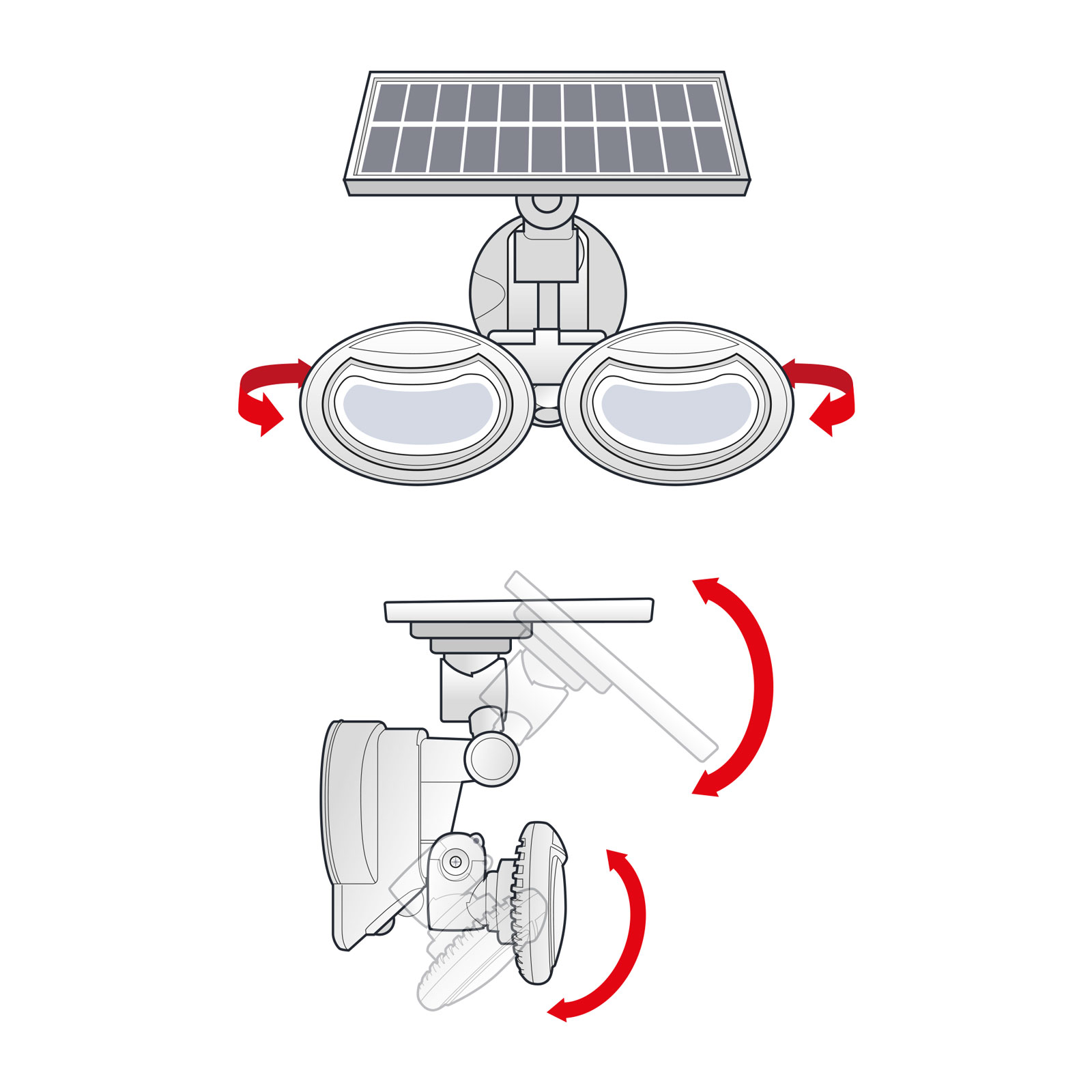 Napelemes lámpák diagramja. A lámpák felülnézetét, és az irányított nyílakkal ellátott oldalnézetet mutatja.