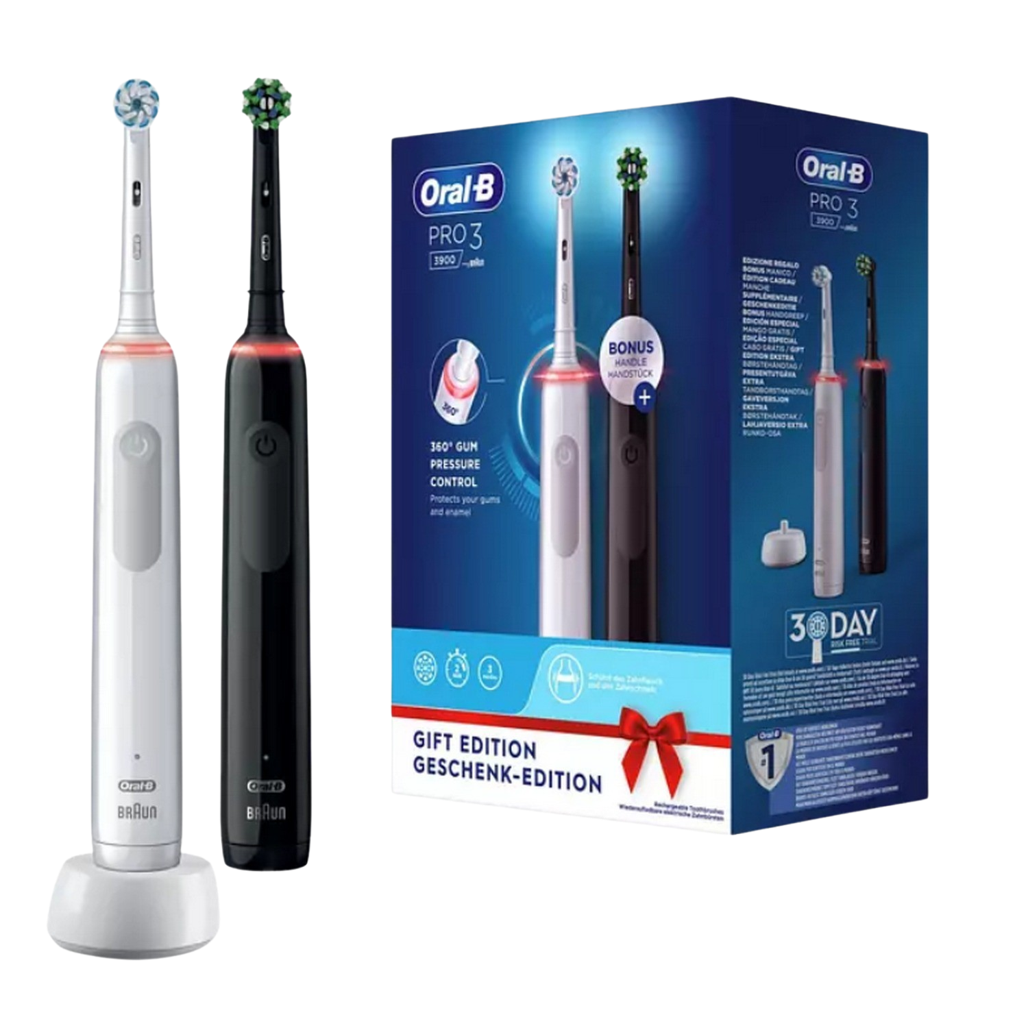 Cepillo eléctrico - Oral-B Pro 3 3900, 2 unidades, Recargable, Con tecnología Braun, Negro y blanco