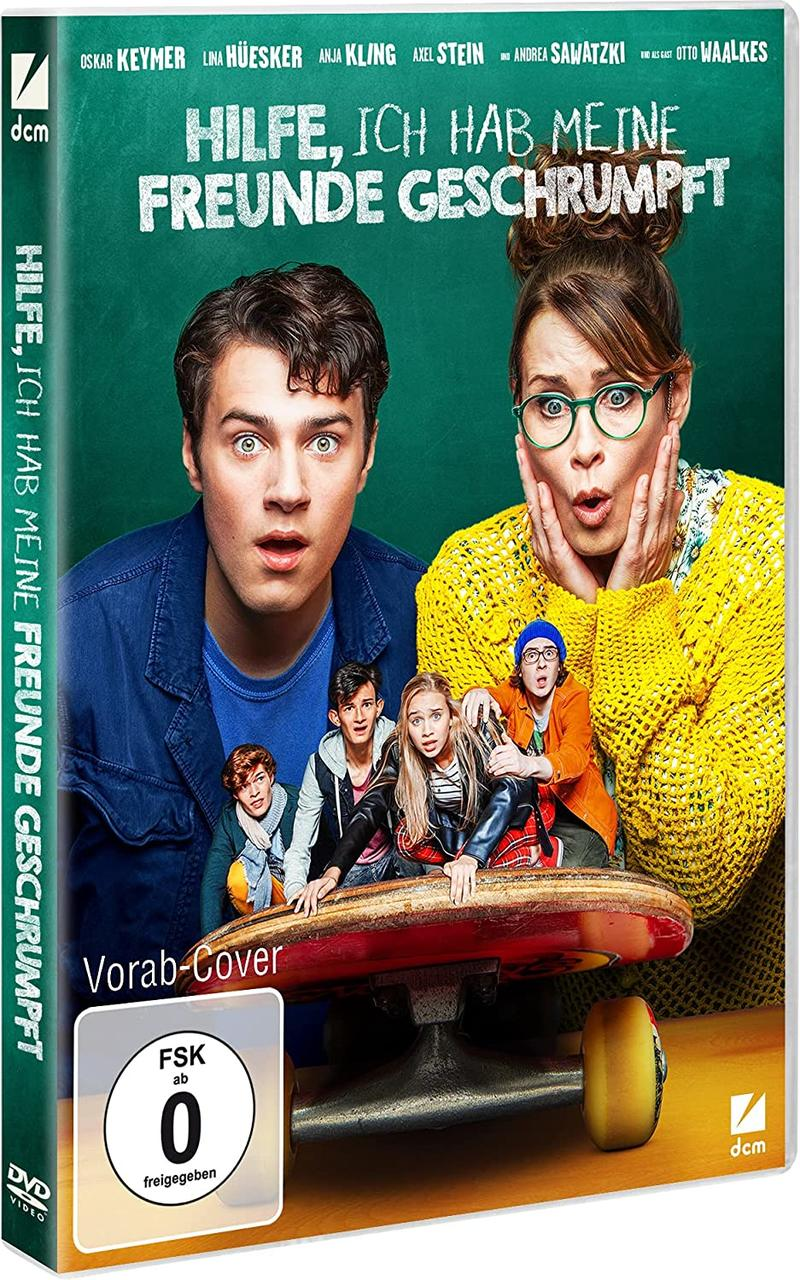 DVD-Cover: Jungen, eine Frau und ein Skateboard. Titel ist auf Deutsch. 'Hilfe, ich hab meine Freunde geschrumpft'.