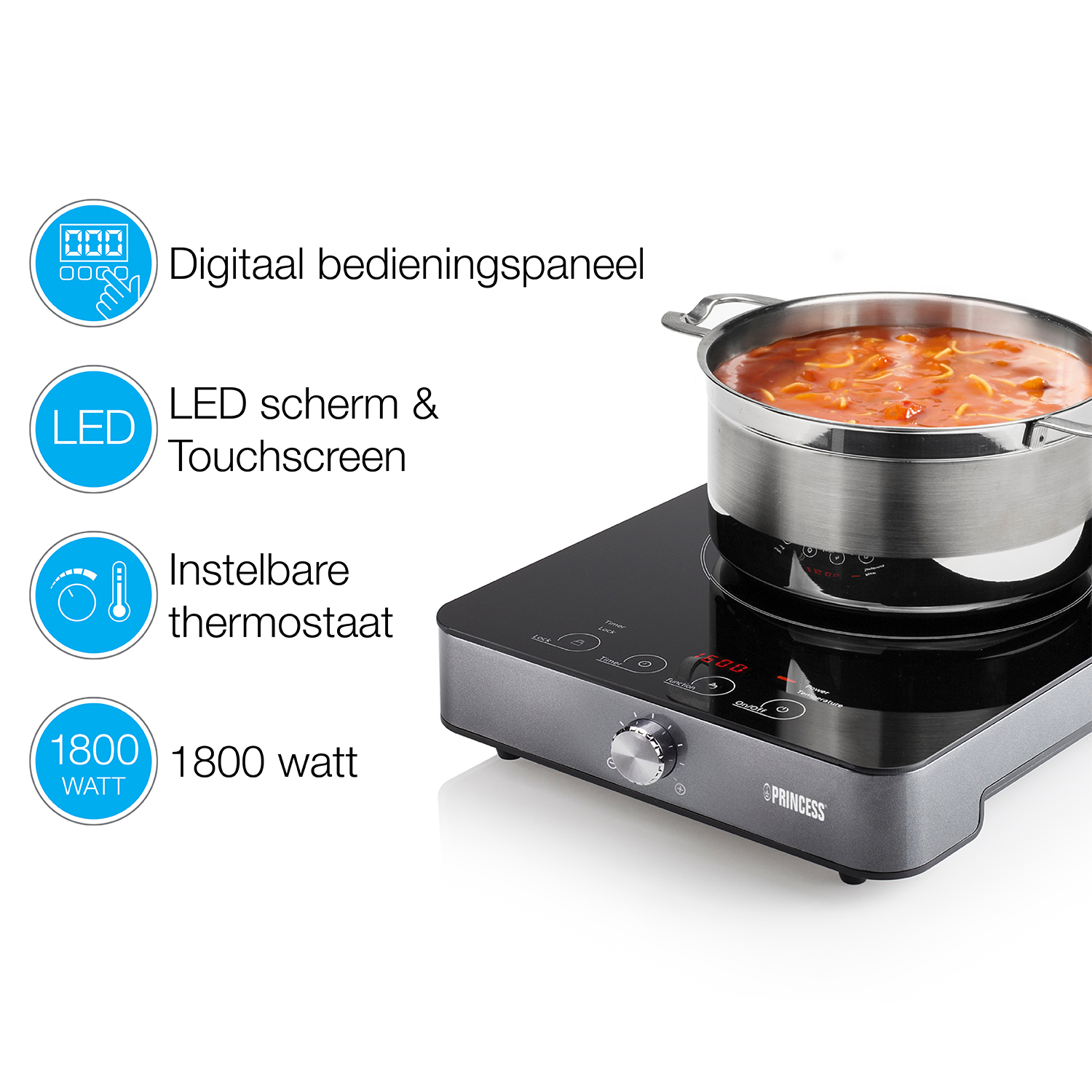 Inductiekookplaat met een pan met eten. Bedieningselementen en tekst zijn zichtbaar.