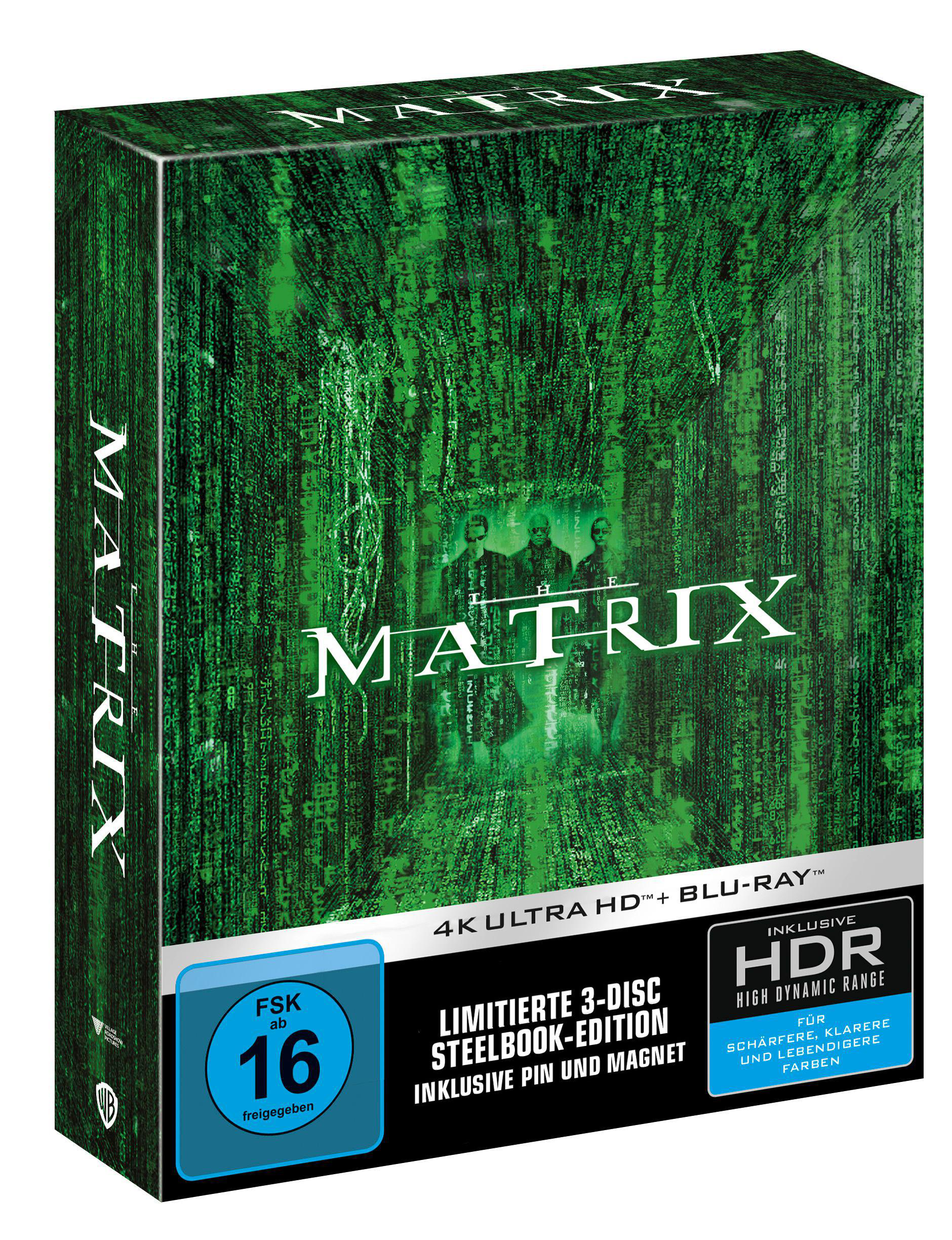 Matrix Blu-ray Box-Set, grün gehalten, Filmtitel und Schauspieler auf dem Cover.