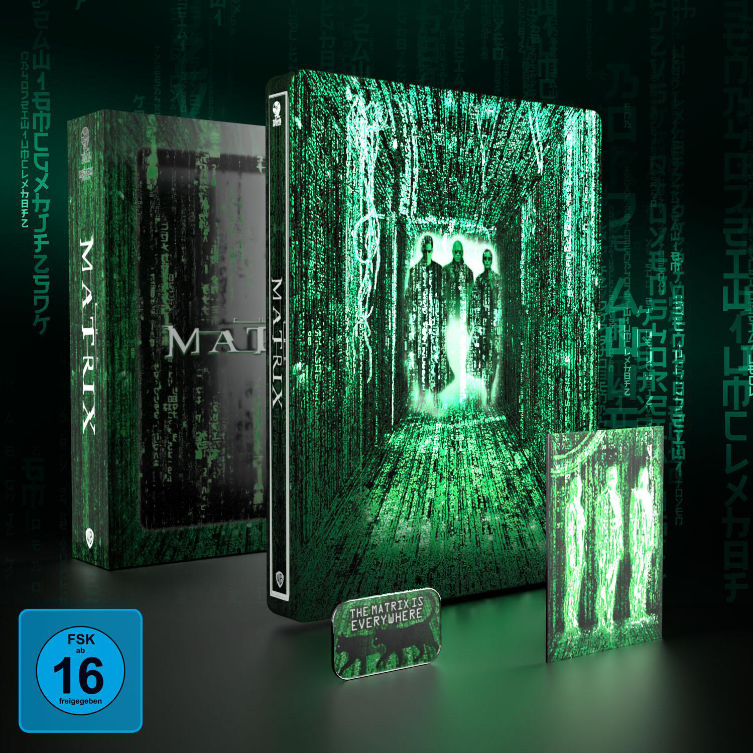DVD-Hülle mit Matrix-Filmcover. Grünes Farbschema, drei schemenhafte Figuren. Schwarzer Hintergrund.