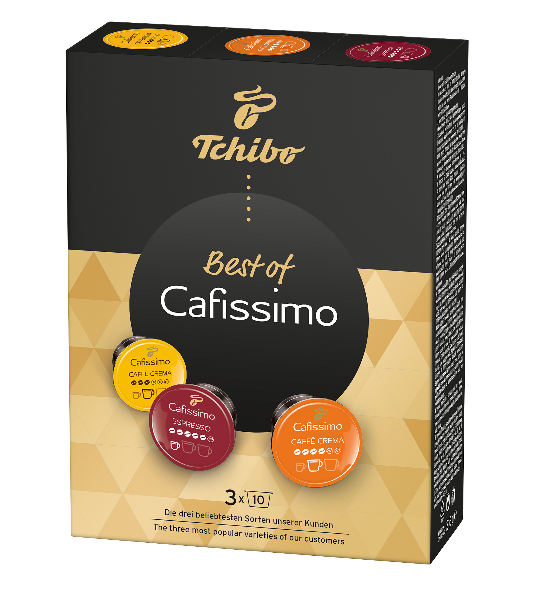 Kahve kapsülleri kutusu. Tchibo Best of Cafissimo. Üç kapsül rengi.