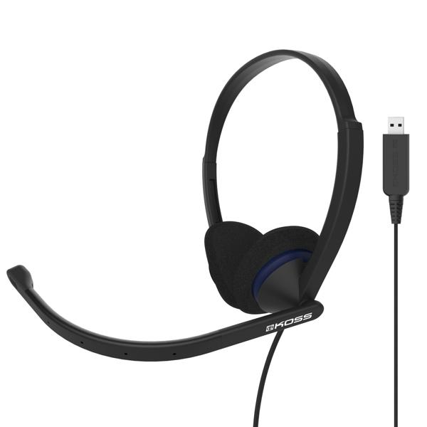 Black Koss headset with a microphone and a USB connector.