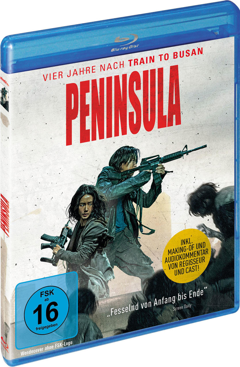 Peninsula Blu-ray Cover mit zwei Personen, die Waffen halten. Der Titel ist rot und weiß.