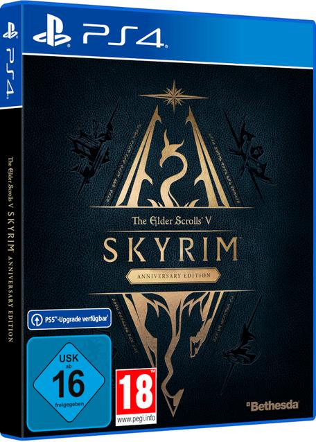 PS4-Spielbox für The Elder Scrolls V: Skyrim Anniversary Edition, schwarzer Einband mit goldenen Akzenten.