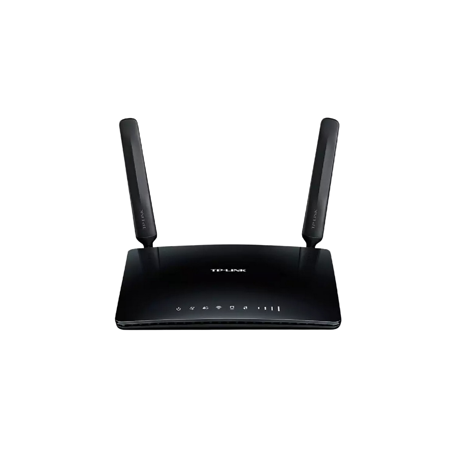 Router TP-Link negro con dos antenas. Luces indicadoras sobre fondo negro.